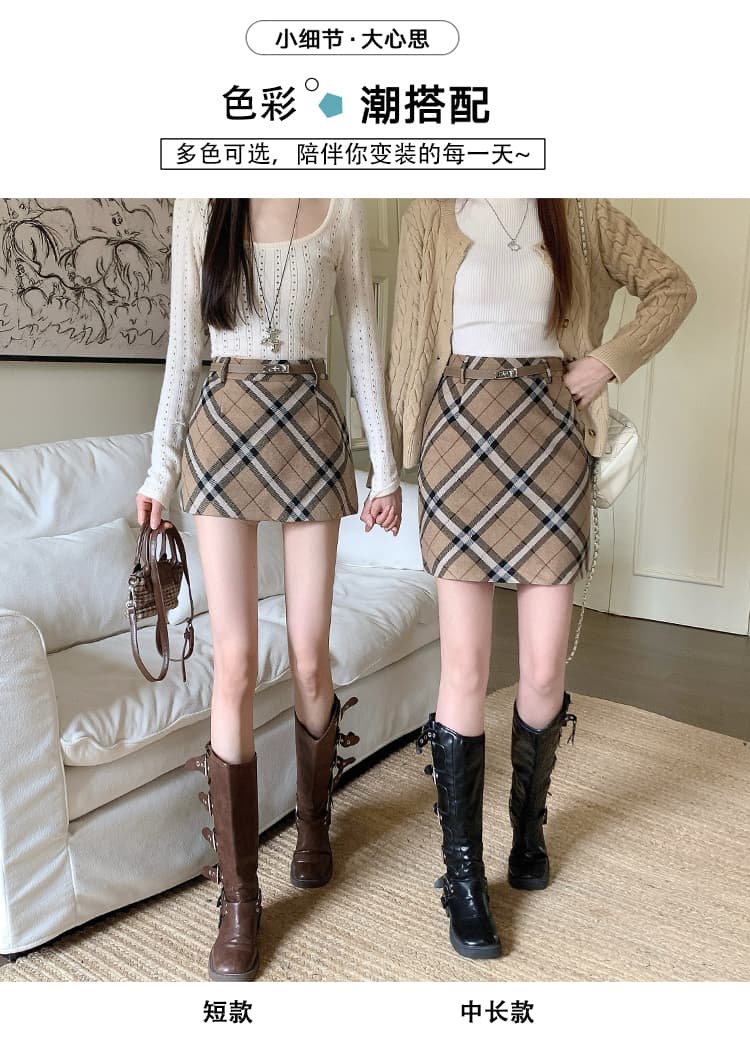 실사 카키 체크무늬 모직 미니 스커트 여성 가을 겨울 하이웨이스트 한 마디 표지 넓적 다리 슬림해 보이는 타이트 스커트 중간 길이 반신 치마 상세 이미지 12