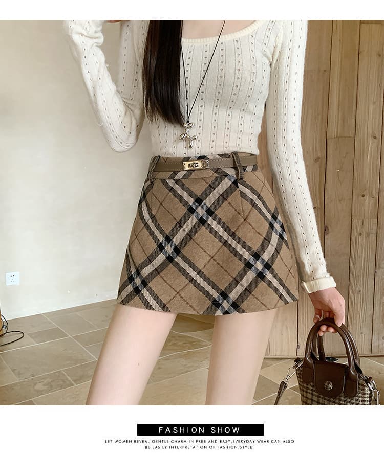 실사 카키 체크무늬 모직 미니 스커트 여성 가을 겨울 하이웨이스트 한 마디 표지 넓적 다리 슬림해 보이는 타이트 스커트 중간 길이 반신 치마 상세 이미지 20