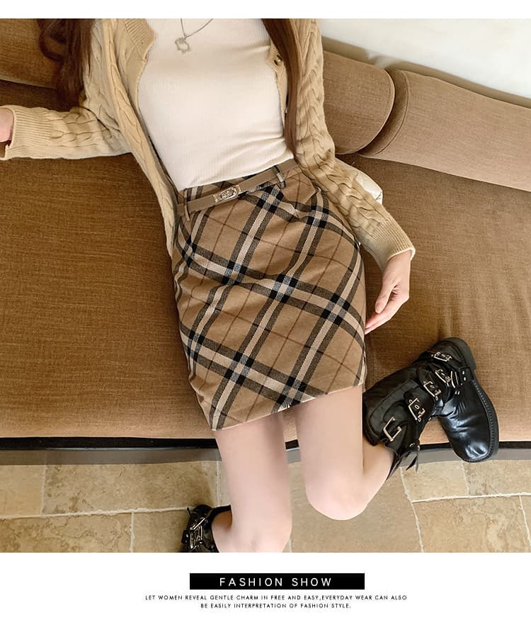 실사 카키 체크무늬 모직 미니 스커트 여성 가을 겨울 하이웨이스트 한 마디 표지 넓적 다리 슬림해 보이는 타이트 스커트 중간 길이 반신 치마 상세 이미지 27