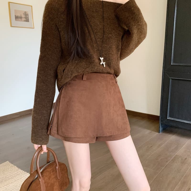 실사 레트로 스웨이드 원단 치마바지 여성 가을 겨울 새로운 하이웨이스트 페이크 레이어드 한 마디 노출 방지 슬림해 보이는 다용도 미니 스커트 이미지 4