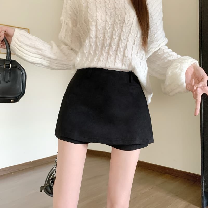 실사 레트로 스웨이드 원단 치마바지 여성 가을 겨울 새로운 하이웨이스트 페이크 레이어드 한 마디 노출 방지 슬림해 보이는 다용도 미니 스커트 이미지 5
