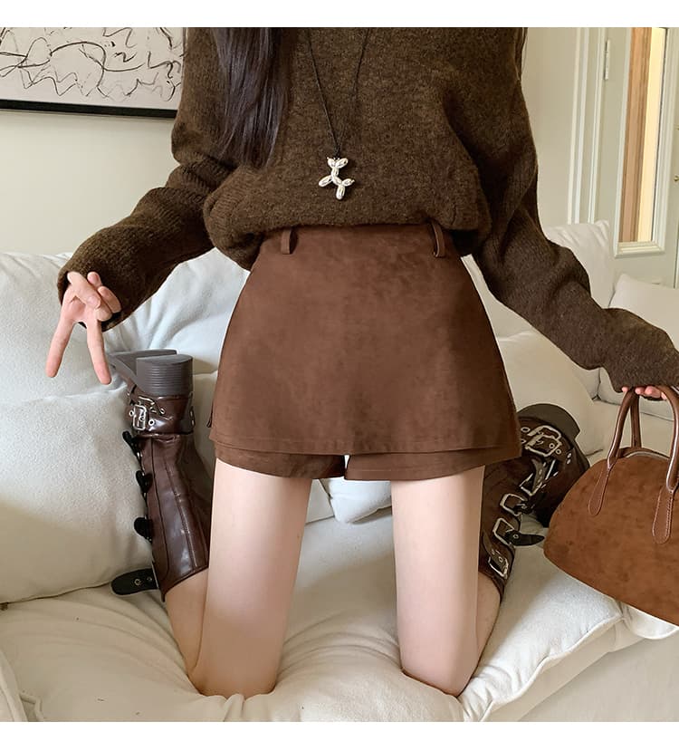 실사 레트로 스웨이드 원단 치마바지 여성 가을 겨울 새로운 하이웨이스트 페이크 레이어드 한 마디 노출 방지 슬림해 보이는 다용도 미니 스커트 상세 이미지 20