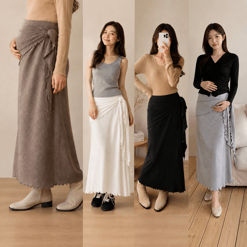 실사 지금 새로운 임산부 반신 스커트 하이웨이스트 포장 프릴 불규칙 디자인 센스 니트 반신 스커트