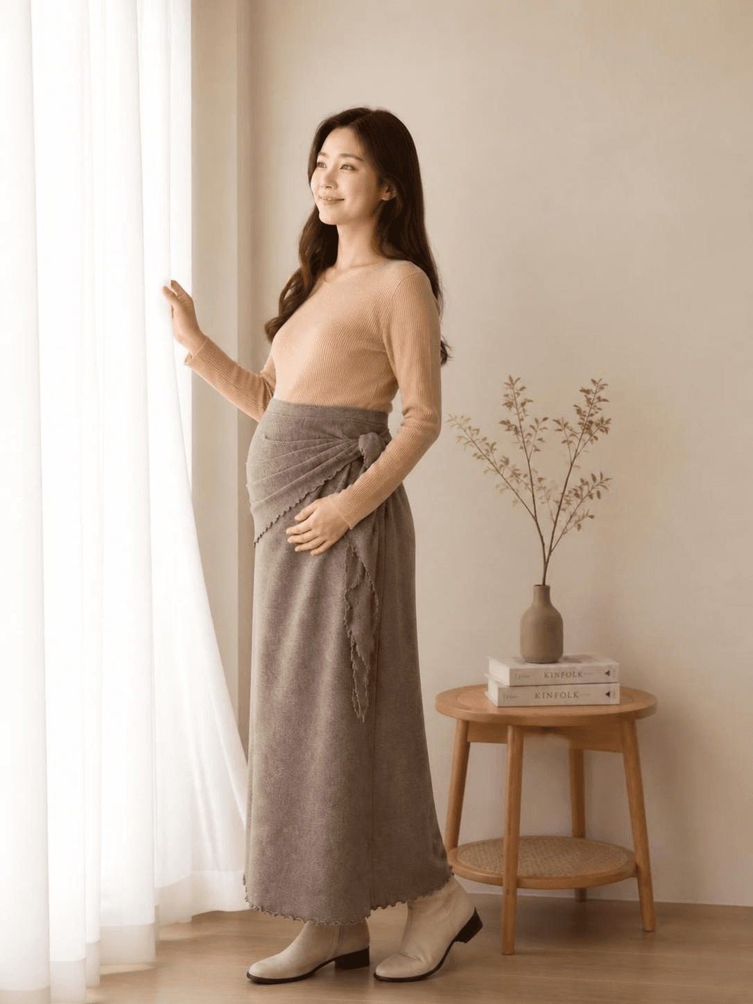 실사 지금 새로운 임산부 반신 스커트 하이웨이스트 포장 프릴 불규칙 디자인 센스 니트 반신 스커트 상세 이미지 10