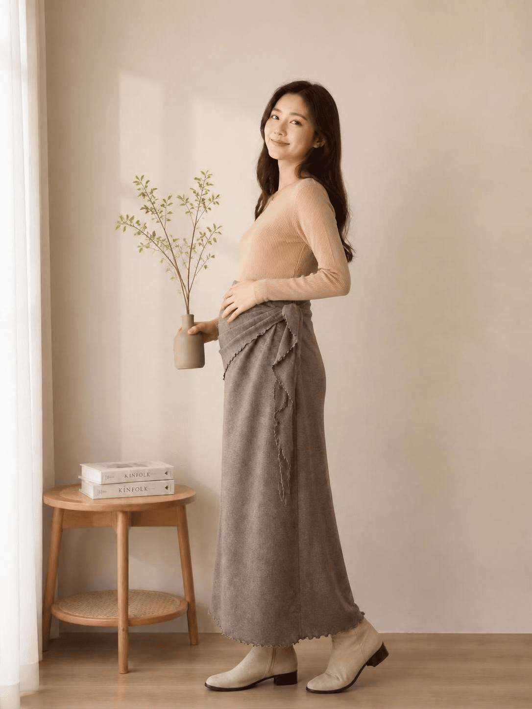 실사 지금 새로운 임산부 반신 스커트 하이웨이스트 포장 프릴 불규칙 디자인 센스 니트 반신 스커트 상세 이미지 12