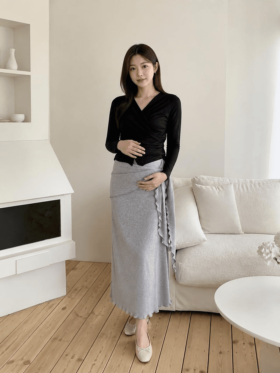 실사 지금 새로운 임산부 반신 스커트 하이웨이스트 포장 프릴 불규칙 디자인 센스 니트 반신 스커트 상세 이미지 13