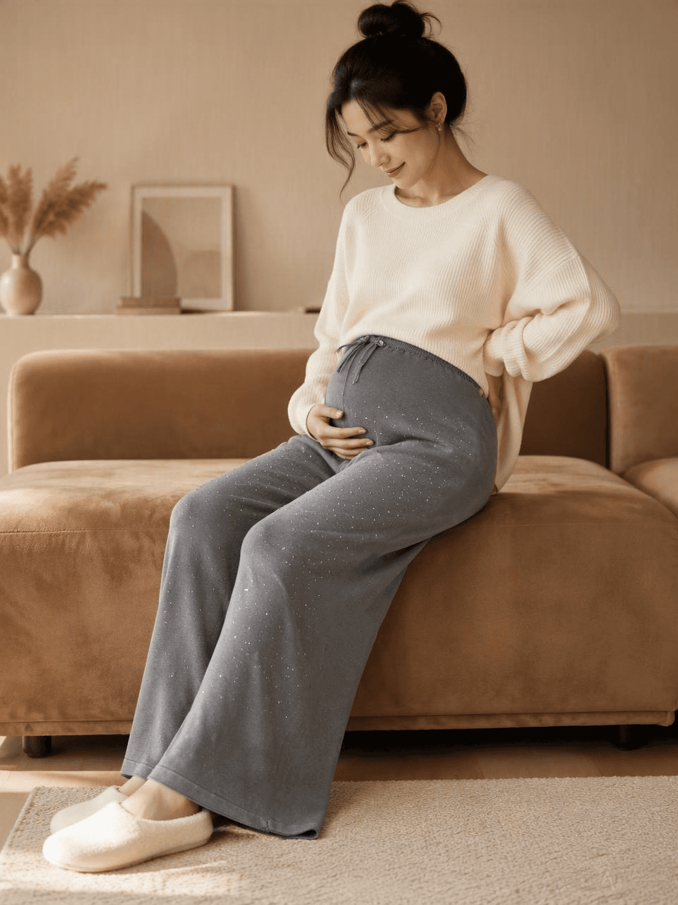 실사 지금 새로운 임산부 바지 니트 모방 데님 무거운 작업 핫픽스 와이드 레그 팬츠 임신 기간 착용 가져 가라. 느긋한 바람 스트레이트 팬츠 상세 이미지 9