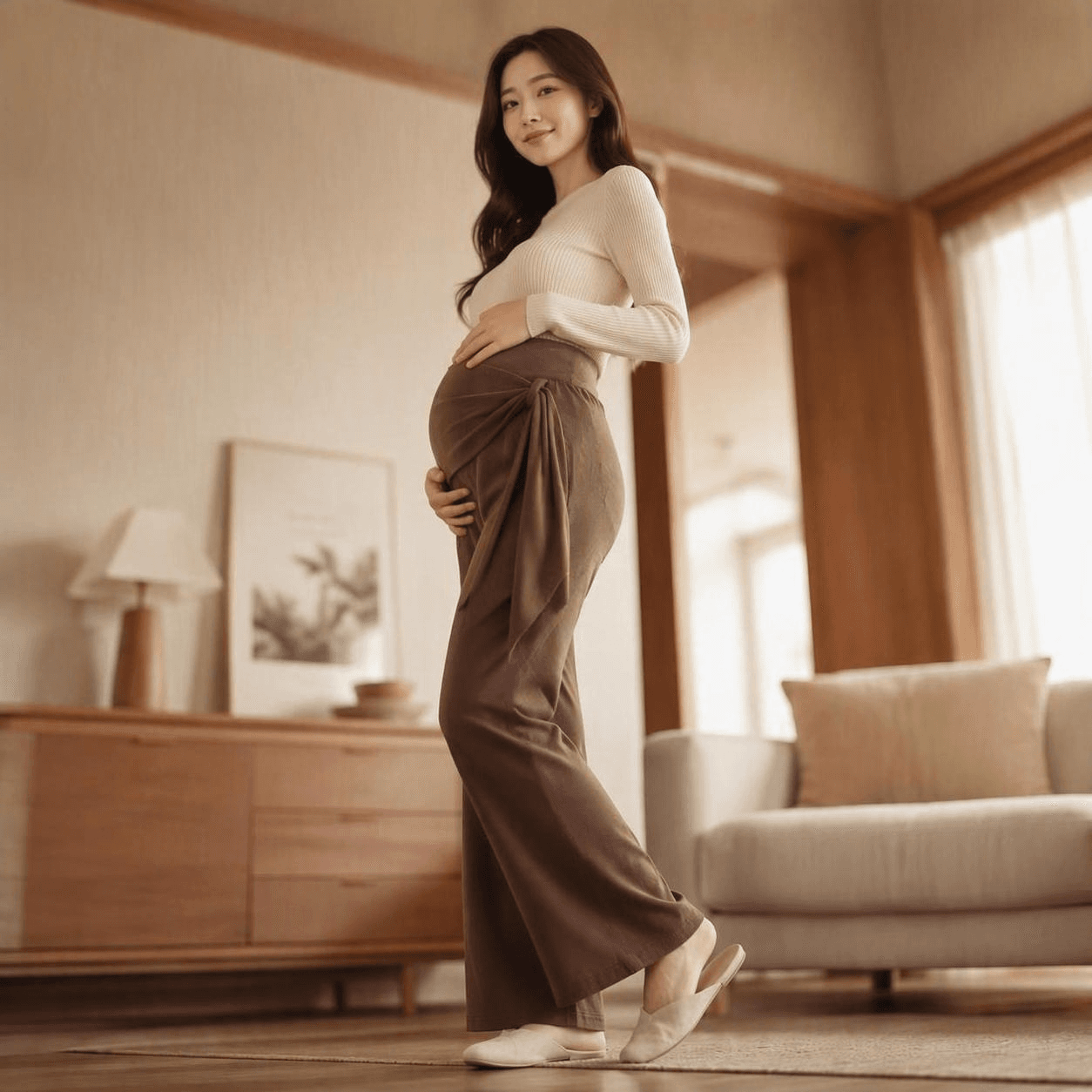 실사 지금 새로운 임산부 바지 불규칙 디자인 센스 하이웨이스트 와이드 레그 팬츠 한국 스타일 레이스업 휴식 센스 바닥 청소 긴 바지 상세 이미지 8