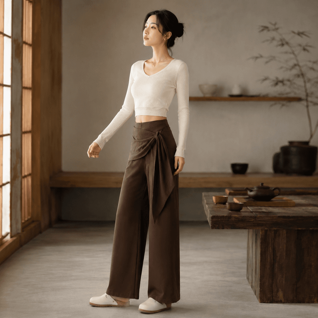 실사 지금 새로운 임산부 바지 불규칙 디자인 센스 하이웨이스트 와이드 레그 팬츠 한국 스타일 레이스업 휴식 센스 바닥 청소 긴 바지 상세 이미지 15