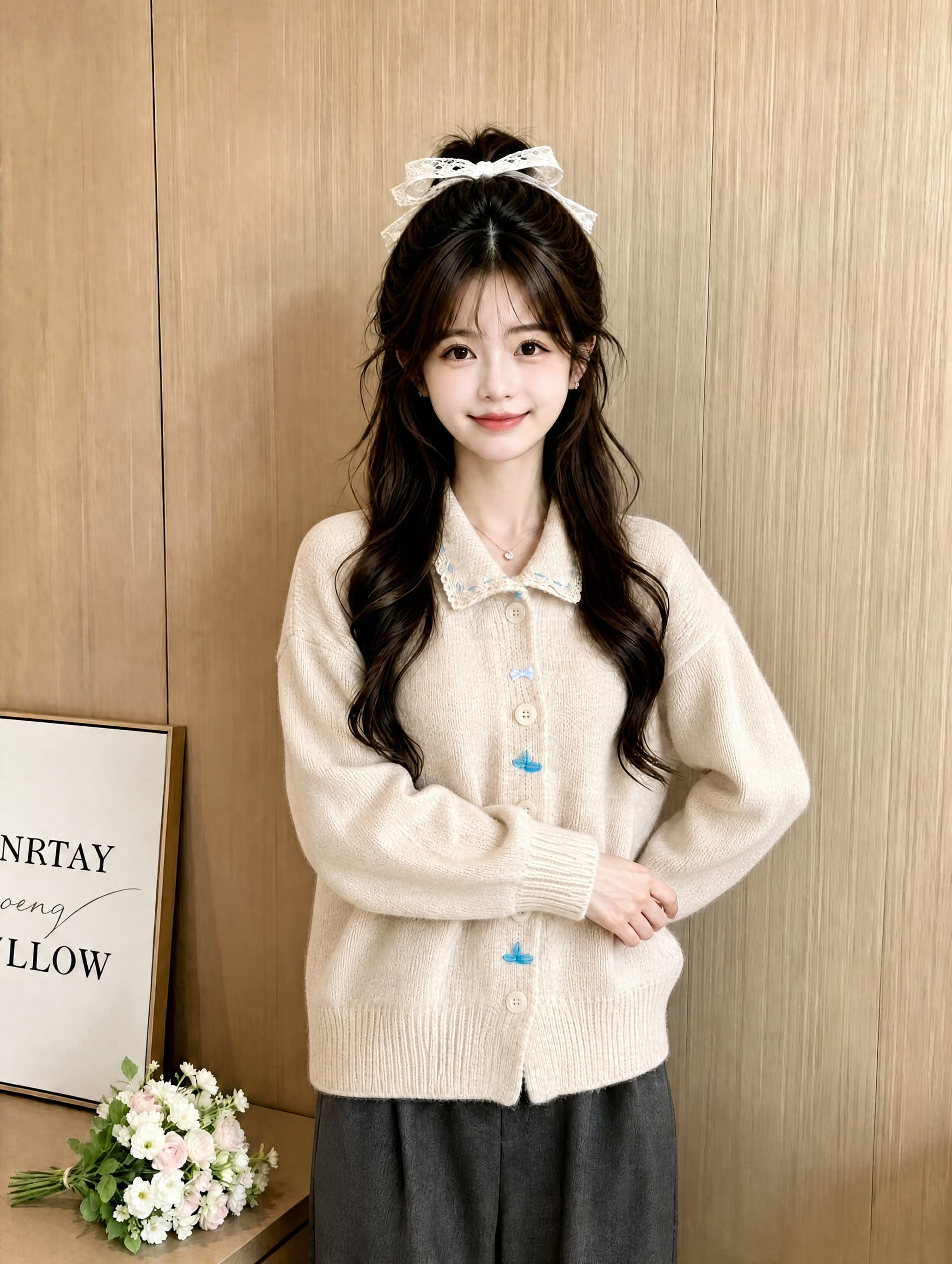 자이언트 잘 생긴 한 부서 부드러운 바람 달콤함 폴로 칼라 레이스 측면 니트 오픈 가디건 부드러운 찹쌀 스웨터 여성 코트 가을 겨울 맨위 이미지 3