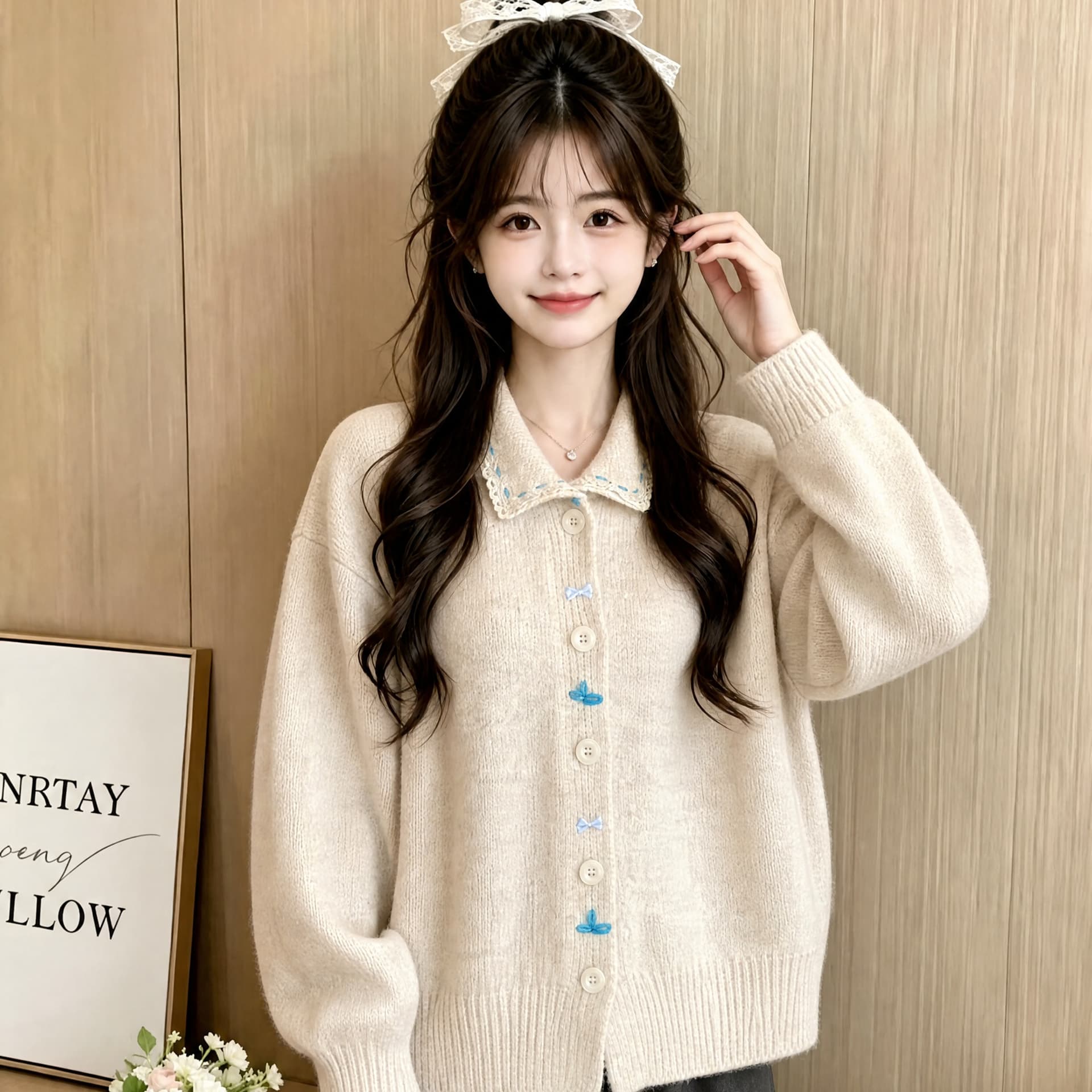 자이언트 잘 생긴 한 부서 부드러운 바람 달콤함 폴로 칼라 레이스 측면 니트 오픈 가디건 부드러운 찹쌀 스웨터 여성 코트 가을 겨울 맨위 이미지 5