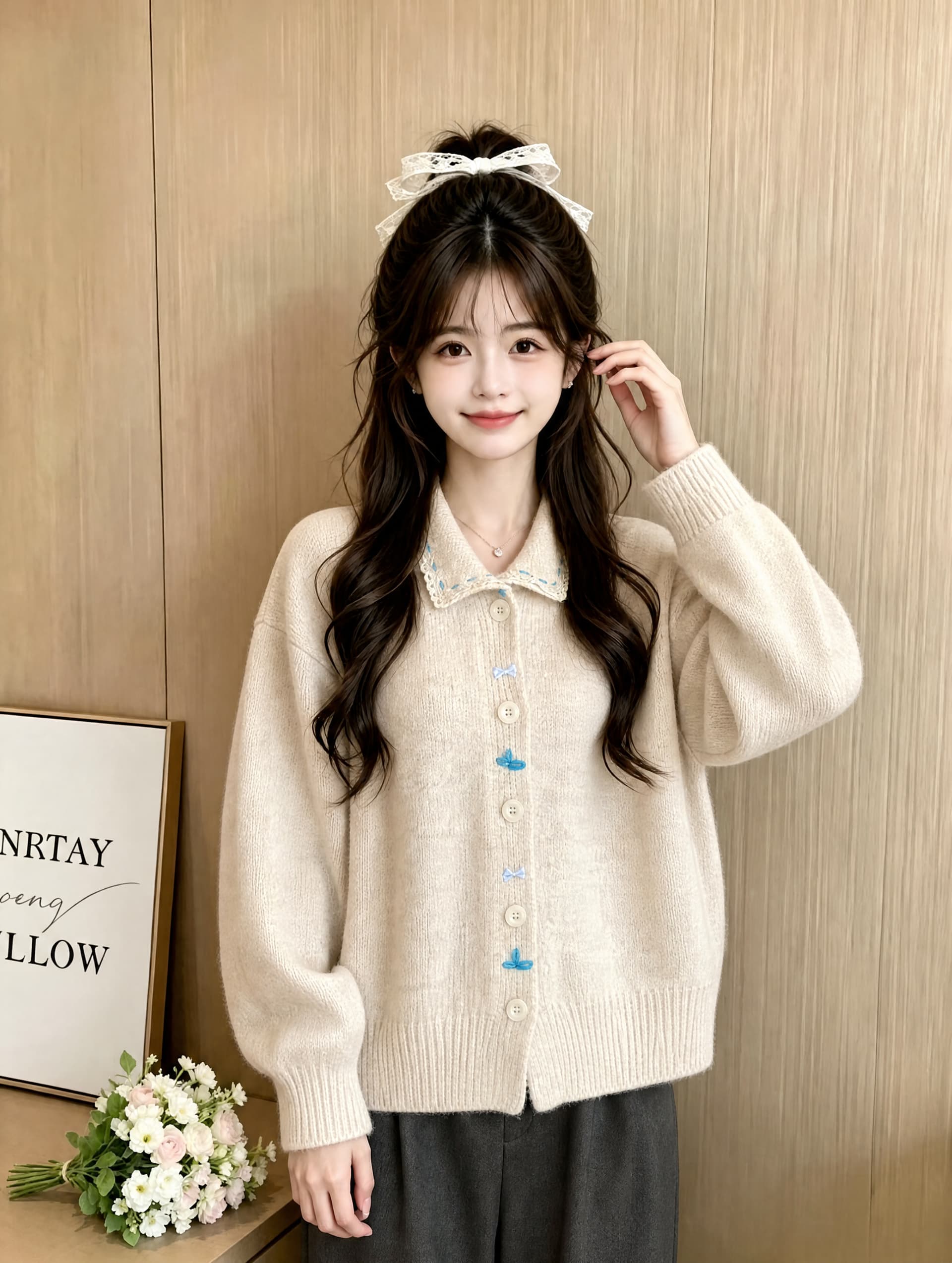 자이언트 잘 생긴 한 부서 부드러운 바람 달콤함 폴로 칼라 레이스 측면 니트 오픈 가디건 부드러운 찹쌀 스웨터 여성 코트 가을 겨울 맨위 상세 이미지 4