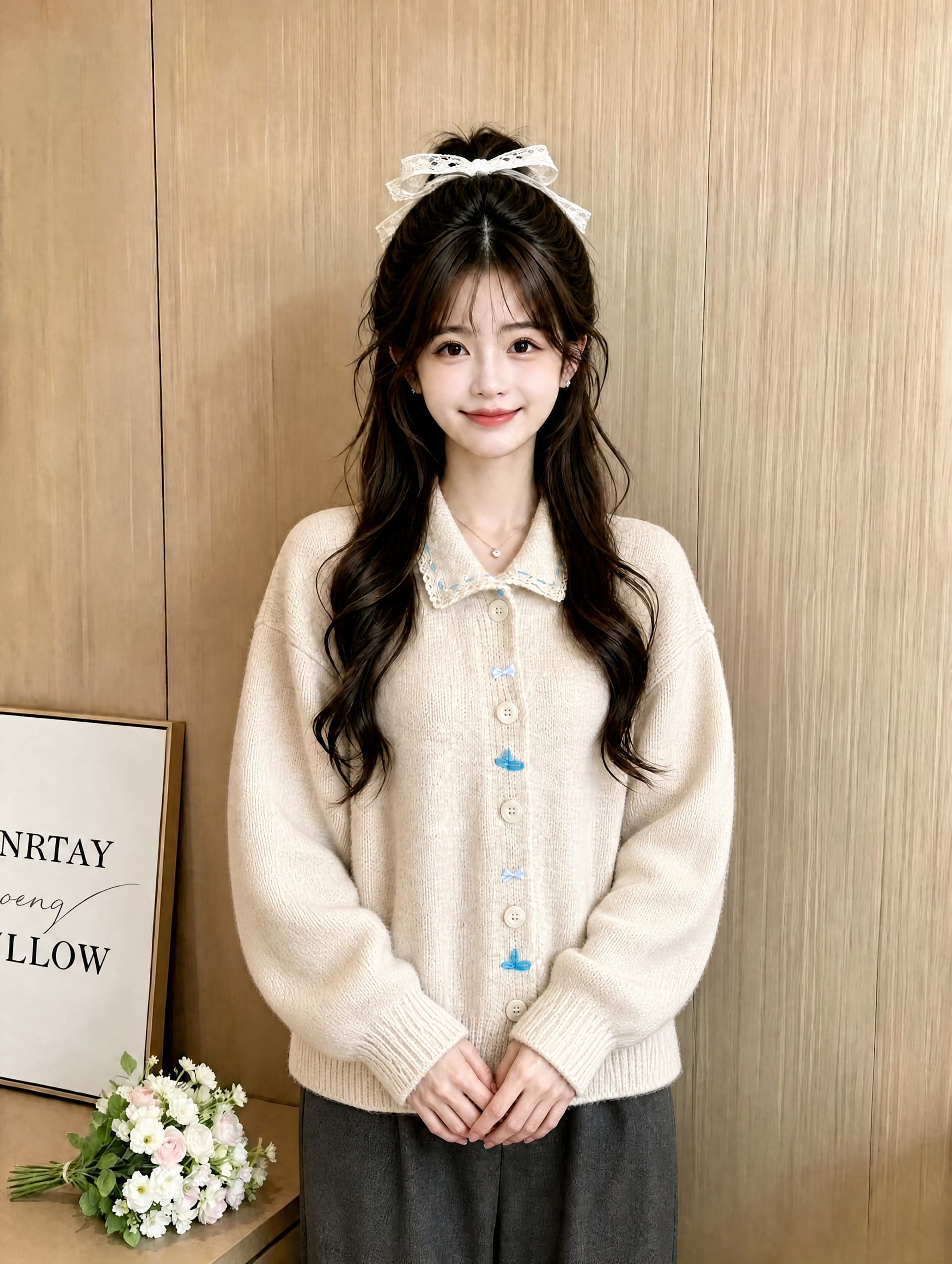 자이언트 잘 생긴 한 부서 부드러운 바람 달콤함 폴로 칼라 레이스 측면 니트 오픈 가디건 부드러운 찹쌀 스웨터 여성 코트 가을 겨울 맨위 상세 이미지 5
