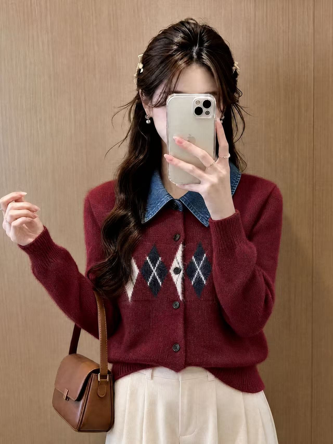 2026 가을 겨울 새로운 링 그리드 슬림해 보이는 다용도 데님 POLO 칼라 긴팔 니트 카디건 코트 스웨터 여자 상세 이미지 4