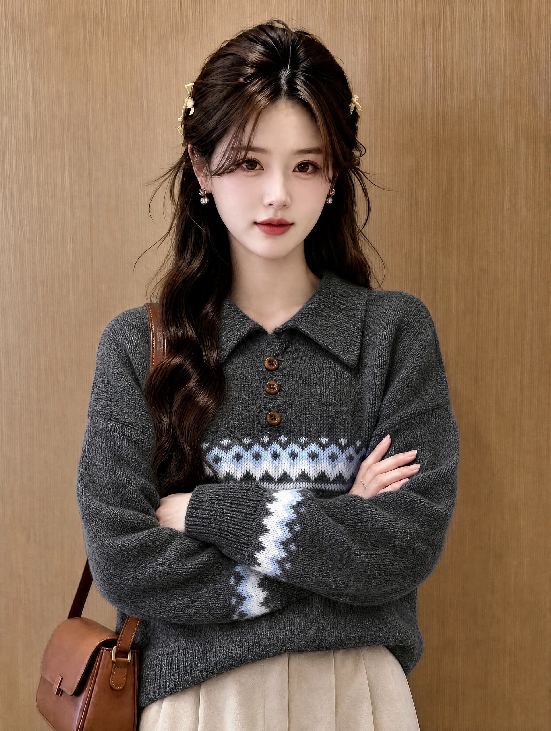 공정한 섬 레트로 무거운 작업 짜임 폴로 칼라 세 버클 풀오버 루즈핏 슬림해 보이는 보온 스웨터 니트 스웨터
