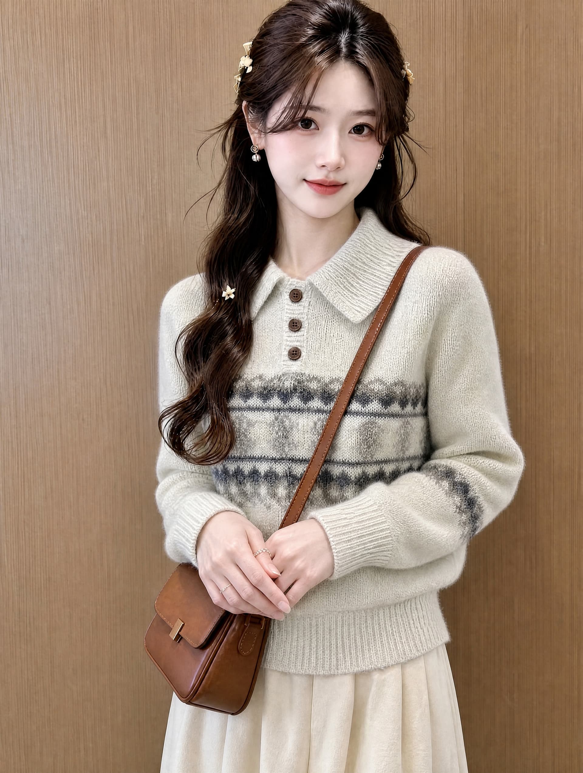 공정한 섬 레트로 무거운 작업 짜임 폴로 칼라 세 버클 풀오버 루즈핏 슬림해 보이는 보온 스웨터 니트 스웨터 이미지 3