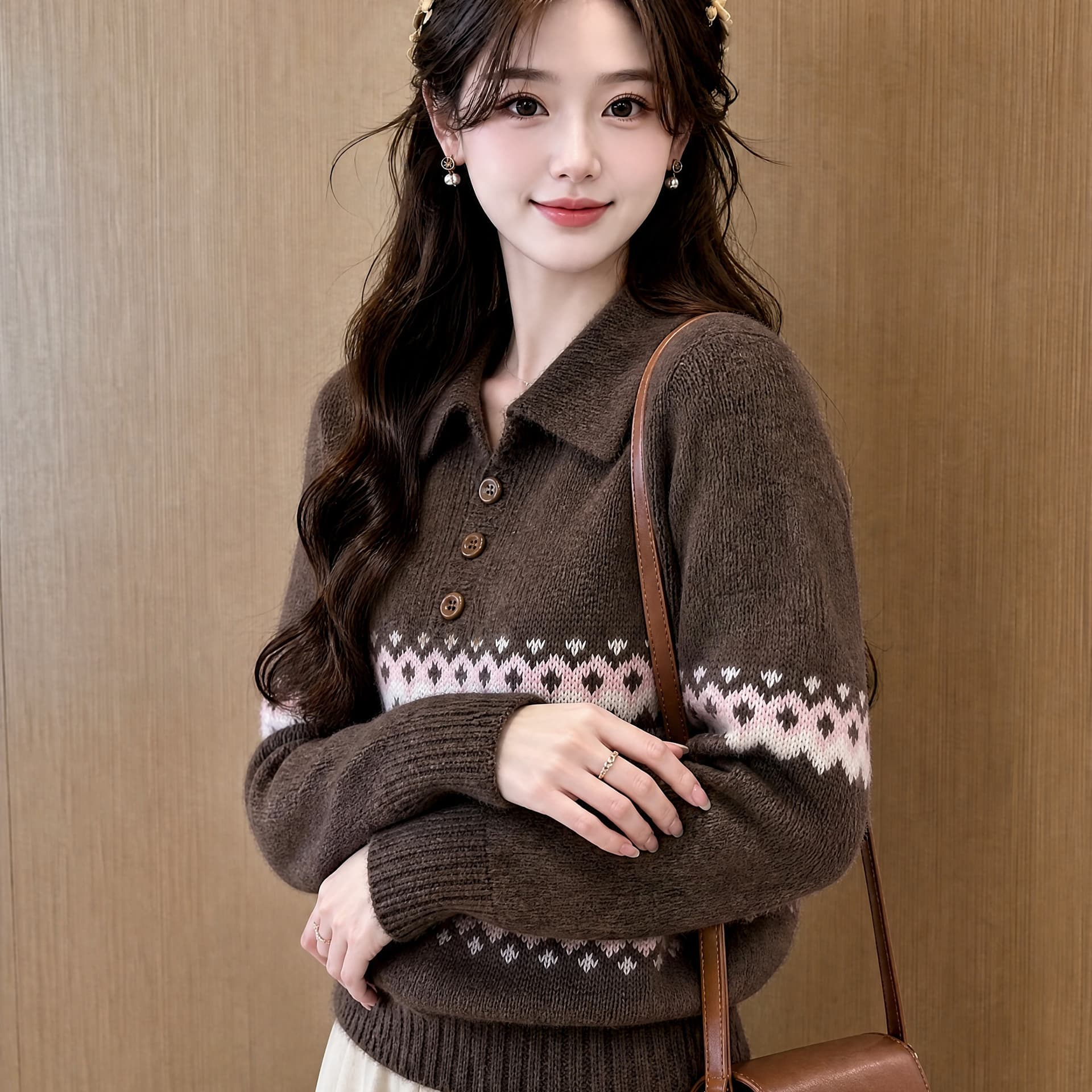 공정한 섬 레트로 무거운 작업 짜임 폴로 칼라 세 버클 풀오버 루즈핏 슬림해 보이는 보온 스웨터 니트 스웨터 이미지 5