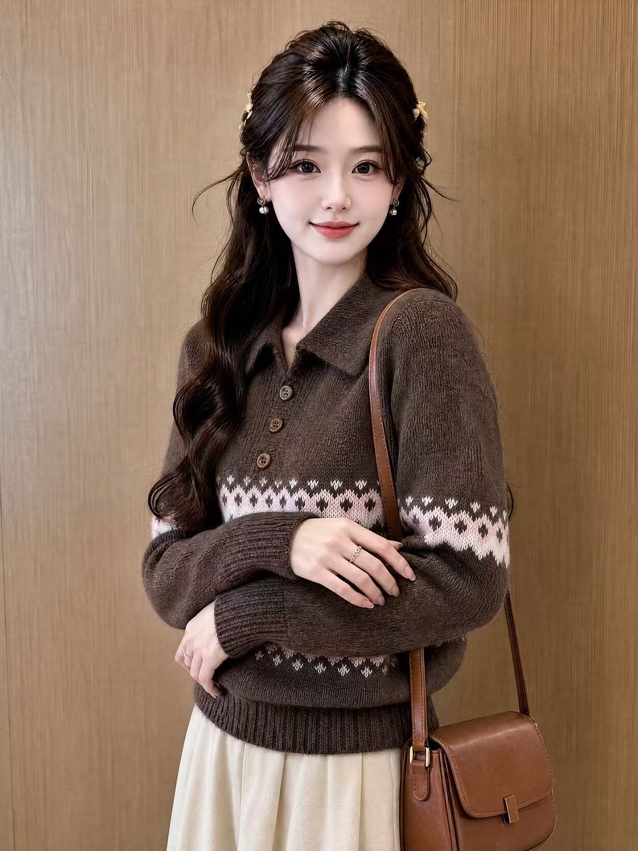 공정한 섬 레트로 무거운 작업 짜임 폴로 칼라 세 버클 풀오버 루즈핏 슬림해 보이는 보온 스웨터 니트 스웨터 상세 이미지 2