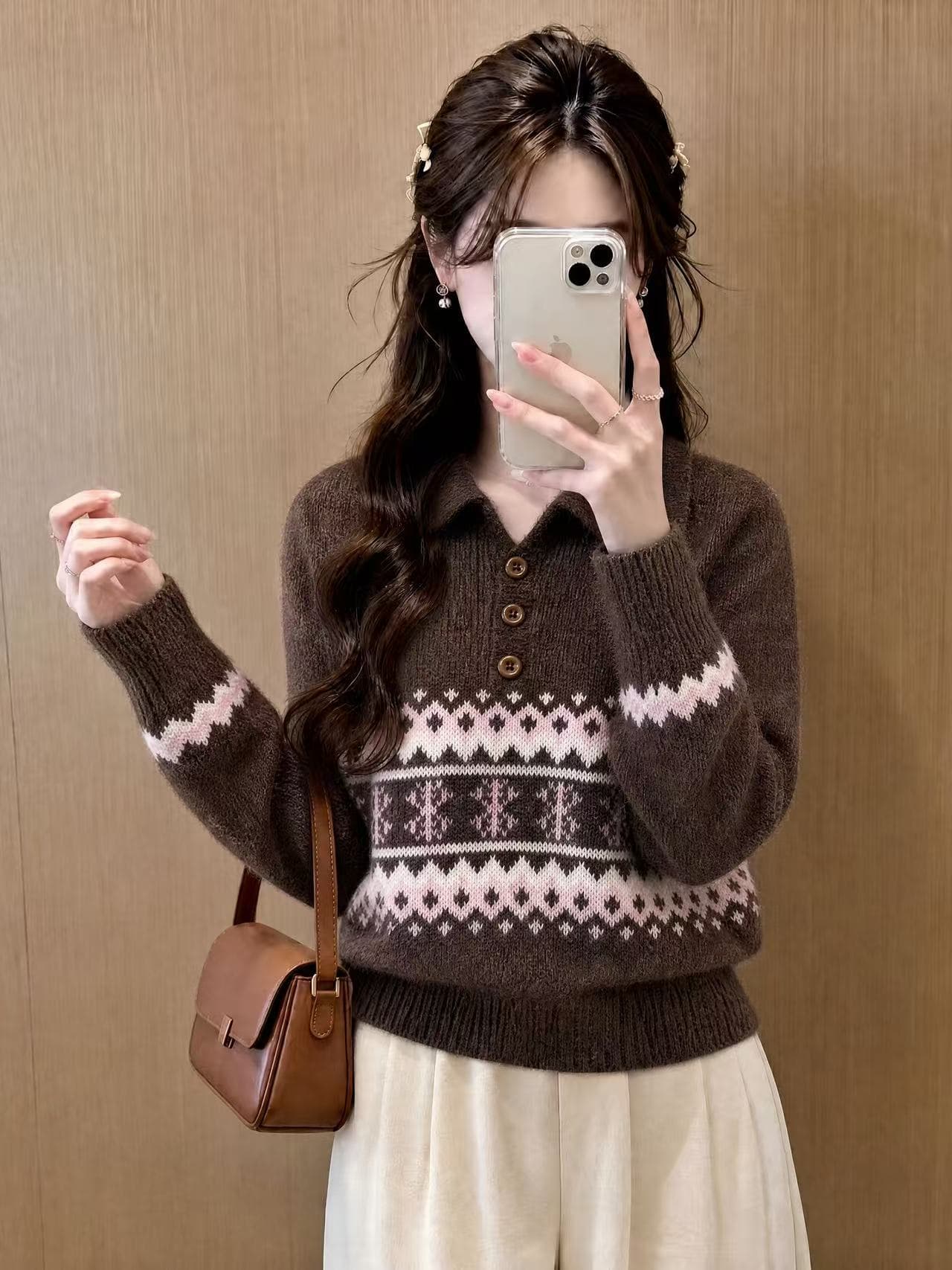 공정한 섬 레트로 무거운 작업 짜임 폴로 칼라 세 버클 풀오버 루즈핏 슬림해 보이는 보온 스웨터 니트 스웨터 상세 이미지 6