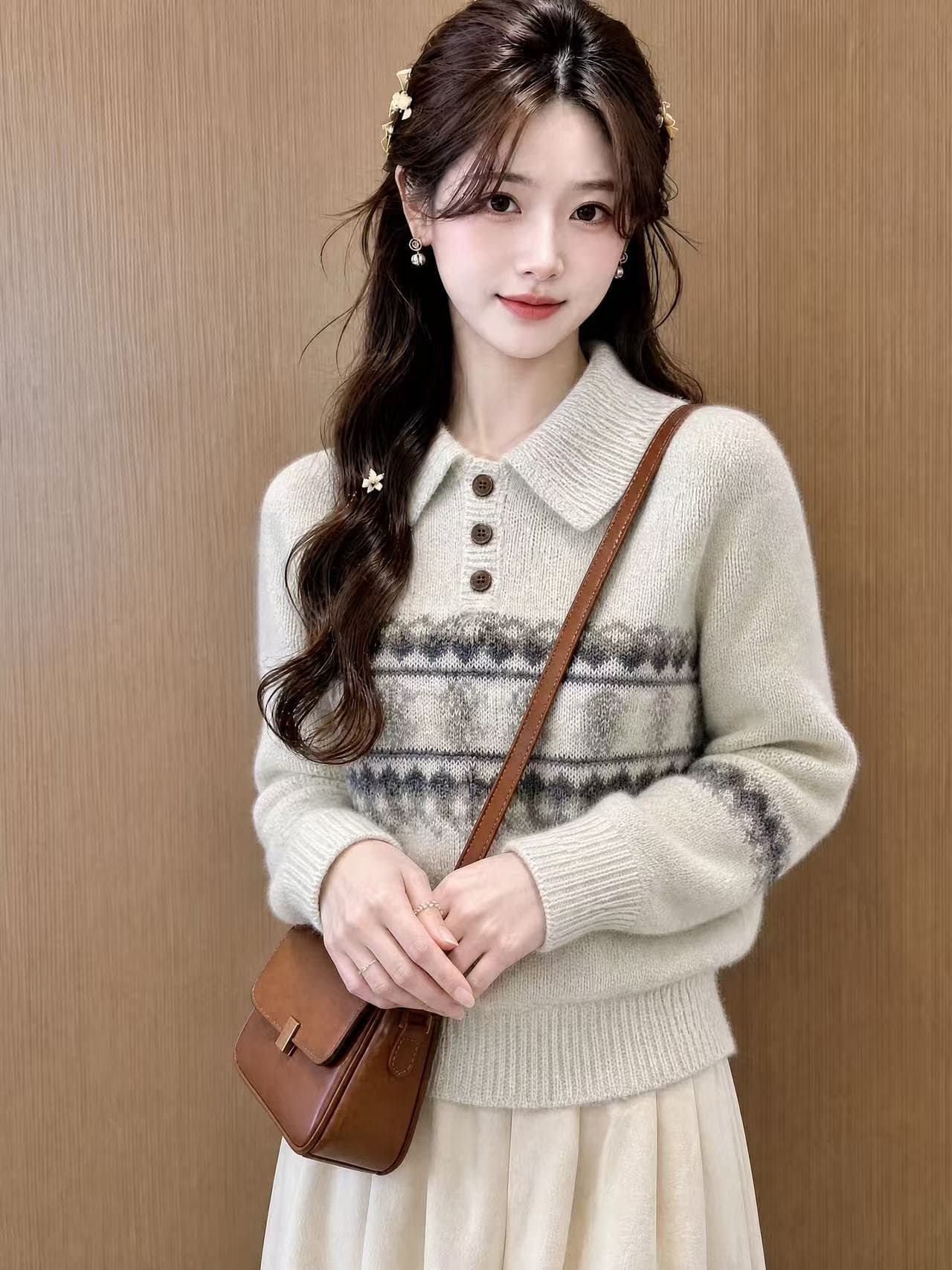 공정한 섬 레트로 무거운 작업 짜임 폴로 칼라 세 버클 풀오버 루즈핏 슬림해 보이는 보온 스웨터 니트 스웨터 상세 이미지 7