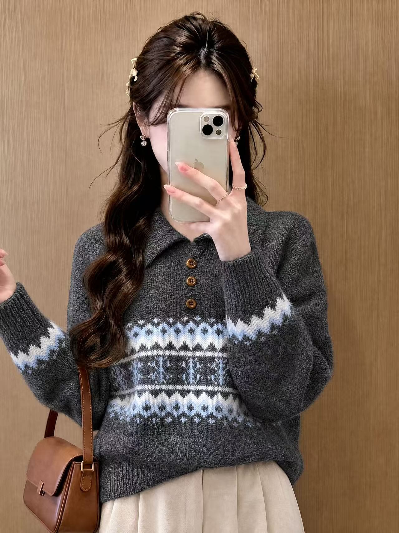 공정한 섬 레트로 무거운 작업 짜임 폴로 칼라 세 버클 풀오버 루즈핏 슬림해 보이는 보온 스웨터 니트 스웨터 상세 이미지 8
