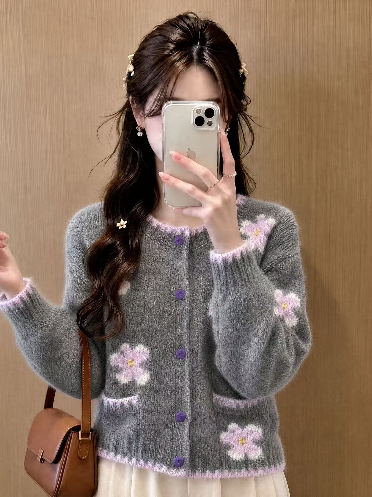 한 부서 부드러운 바람 3 차원 꽃 자수 라운드 넥 편집 네클라인 커프스 니트 스웨터 디자인 센스 스웨터 여성 코트 상세 이미지 1