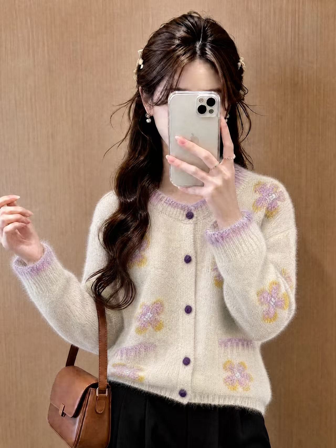 한 부서 부드러운 바람 3 차원 꽃 자수 라운드 넥 편집 네클라인 커프스 니트 스웨터 디자인 센스 스웨터 여성 코트 상세 이미지 4