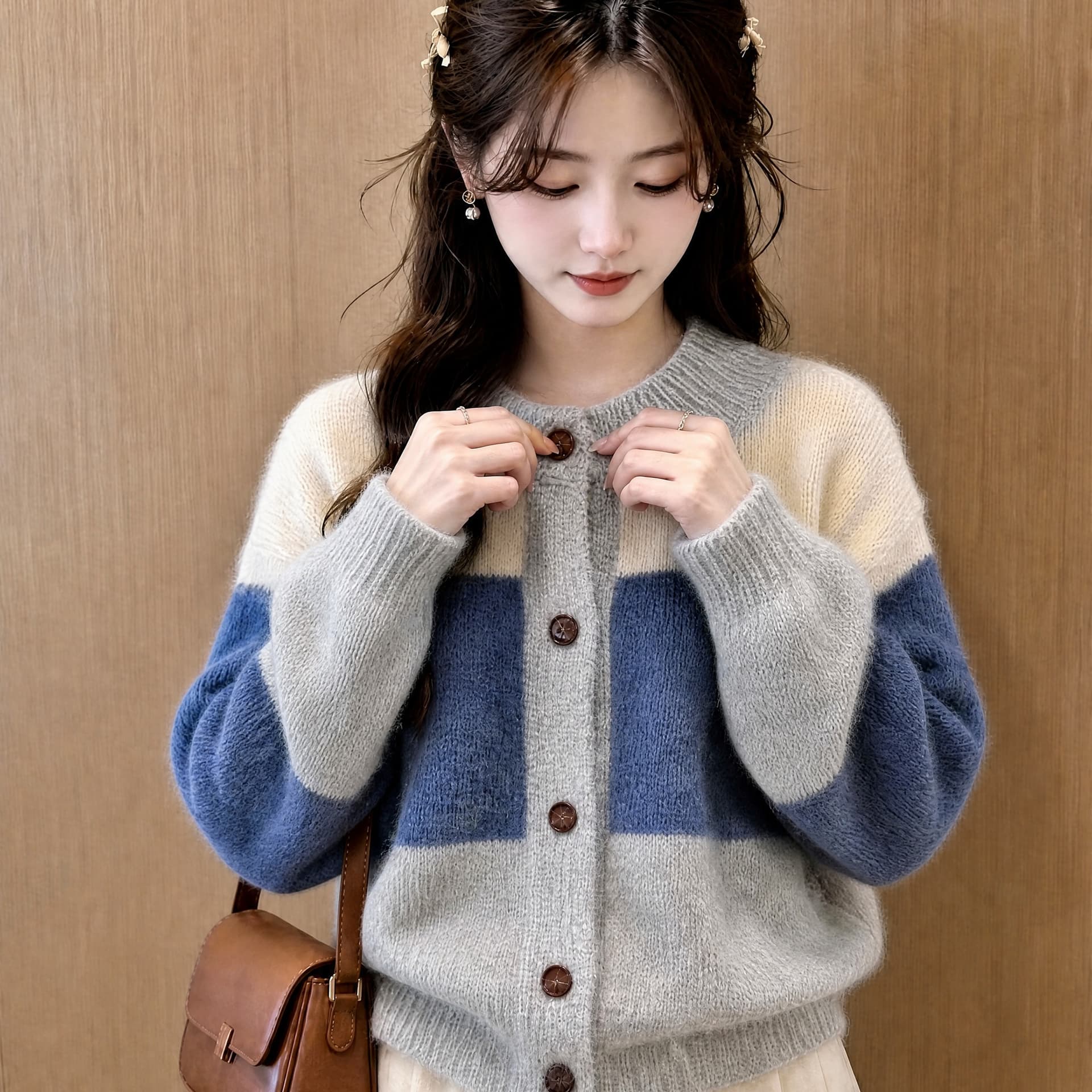 한 부서 배색 스트라이프 스웨터 코트 가을 겨울 새로운 레트로 느긋한 바람 디자인 센스 다용도 니트 오픈 가디건 맨위 이미지 5