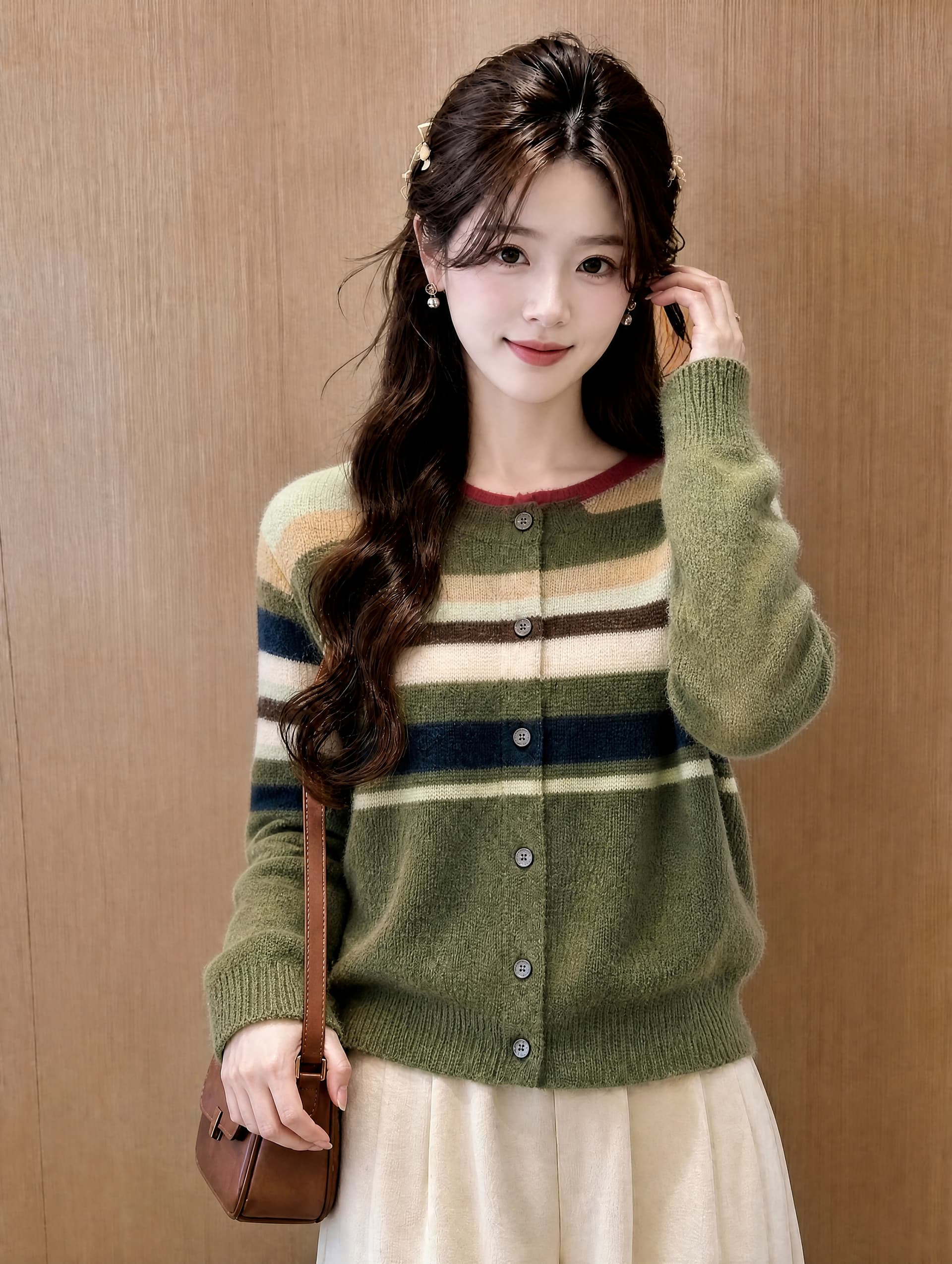 녹색 레트로 배색 스트라이프 라운드 넥 스웨터 여자 가을 겨울 2026 새로운 루즈핏 슬림해 보이는 연령 감소 오픈 가디건 니트 스웨터 상세 이미지 1