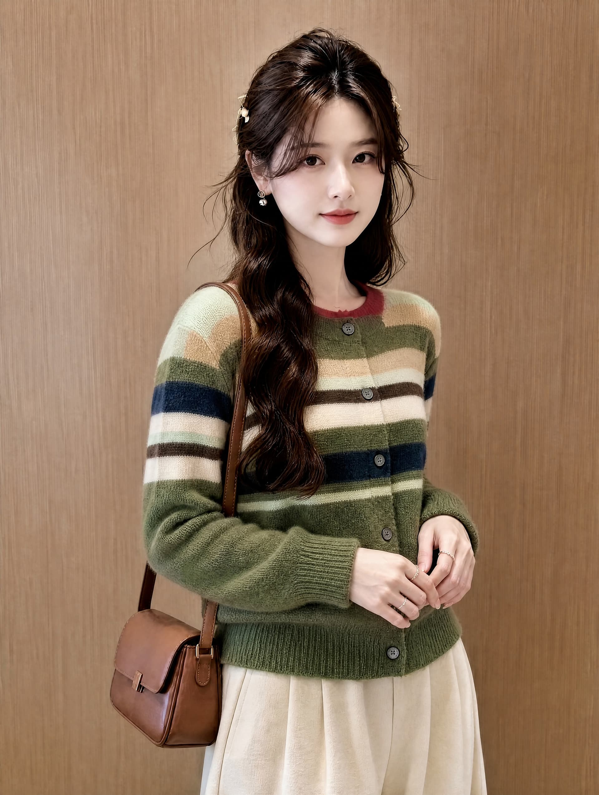 녹색 레트로 배색 스트라이프 라운드 넥 스웨터 여자 가을 겨울 2026 새로운 루즈핏 슬림해 보이는 연령 감소 오픈 가디건 니트 스웨터 상세 이미지 2