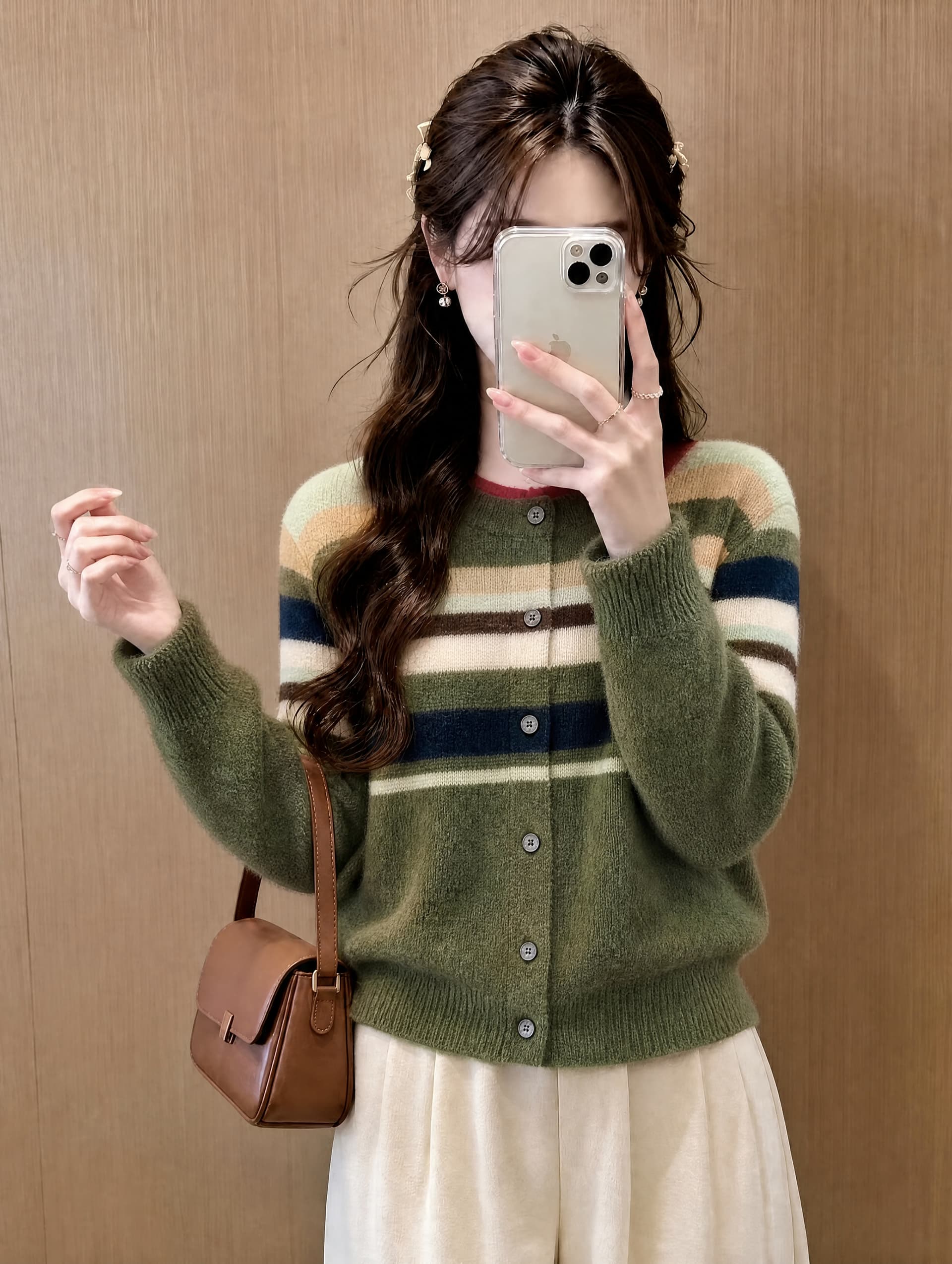 녹색 레트로 배색 스트라이프 라운드 넥 스웨터 여자 가을 겨울 2026 새로운 루즈핏 슬림해 보이는 연령 감소 오픈 가디건 니트 스웨터 상세 이미지 5