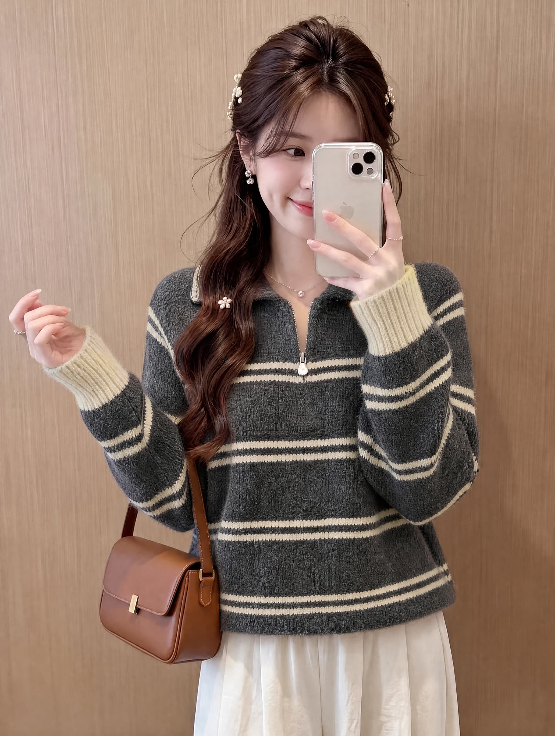 한 부서 POLO 칼라 스트라이프 풀오버 스웨터 여자 가을 겨울 루즈핏 폴로 칼라 하프 지퍼 부드러운 찹쌀 연령 감소 니트 스웨터 맨위 이미지 3