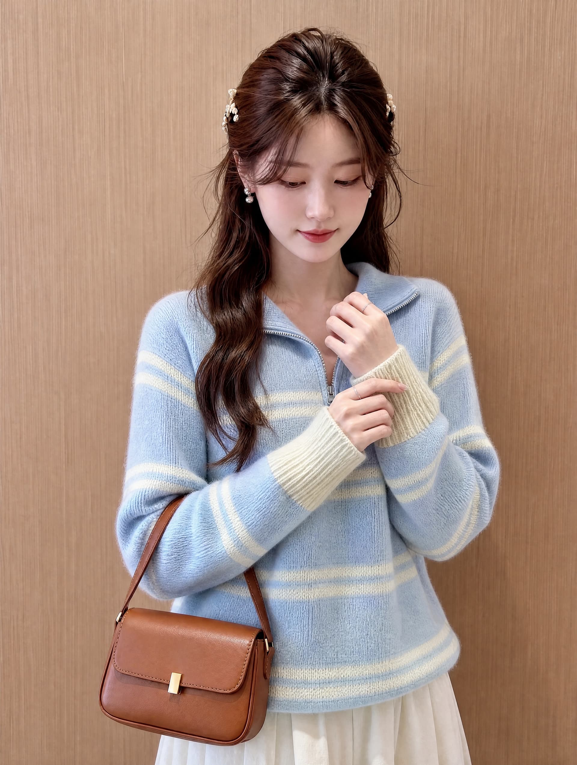 한 부서 POLO 칼라 스트라이프 풀오버 스웨터 여자 가을 겨울 루즈핏 폴로 칼라 하프 지퍼 부드러운 찹쌀 연령 감소 니트 스웨터 맨위 이미지 4