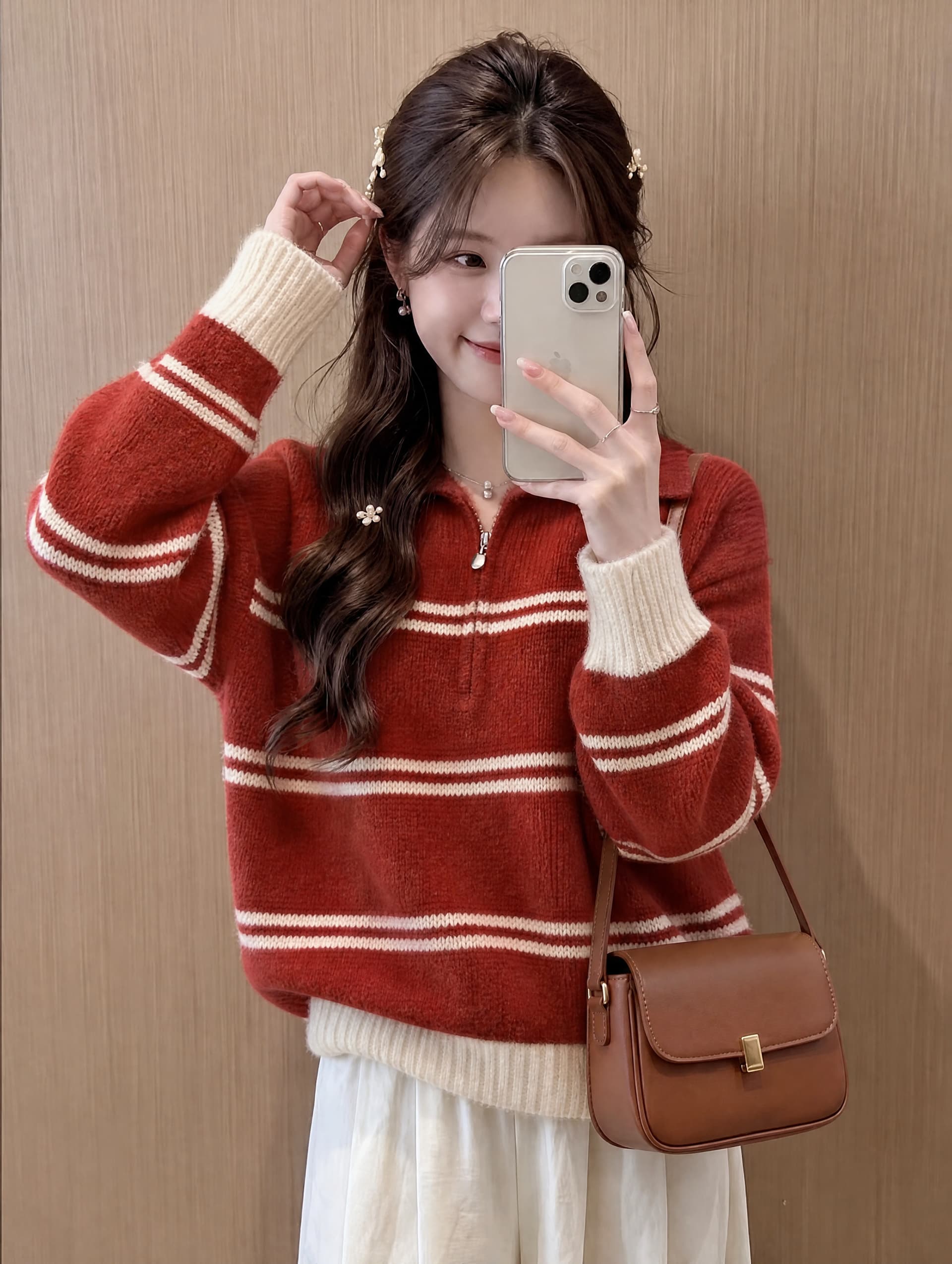 한 부서 POLO 칼라 스트라이프 풀오버 스웨터 여자 가을 겨울 루즈핏 폴로 칼라 하프 지퍼 부드러운 찹쌀 연령 감소 니트 스웨터 맨위 상세 이미지 6