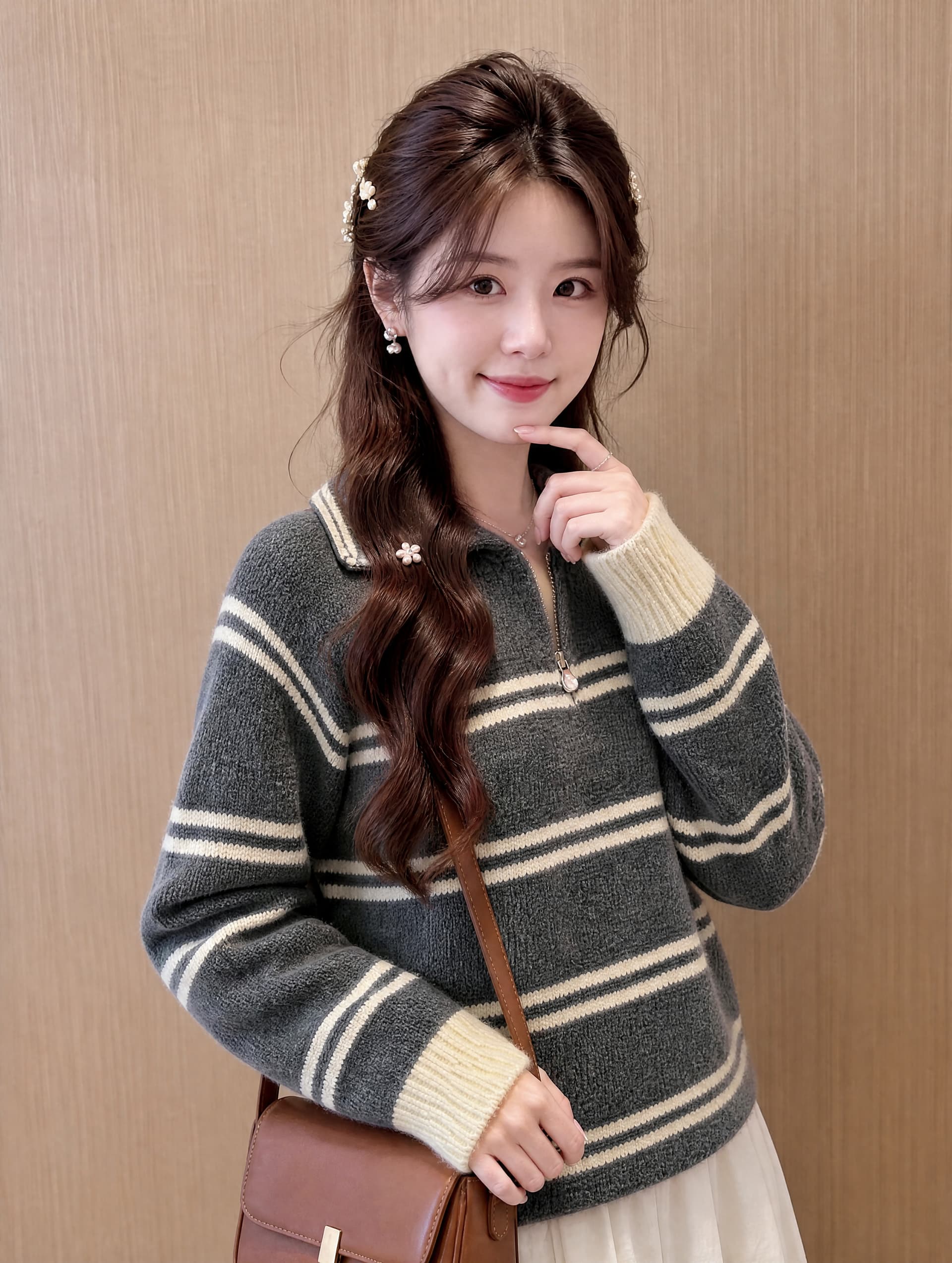 한 부서 POLO 칼라 스트라이프 풀오버 스웨터 여자 가을 겨울 루즈핏 폴로 칼라 하프 지퍼 부드러운 찹쌀 연령 감소 니트 스웨터 맨위 상세 이미지 8