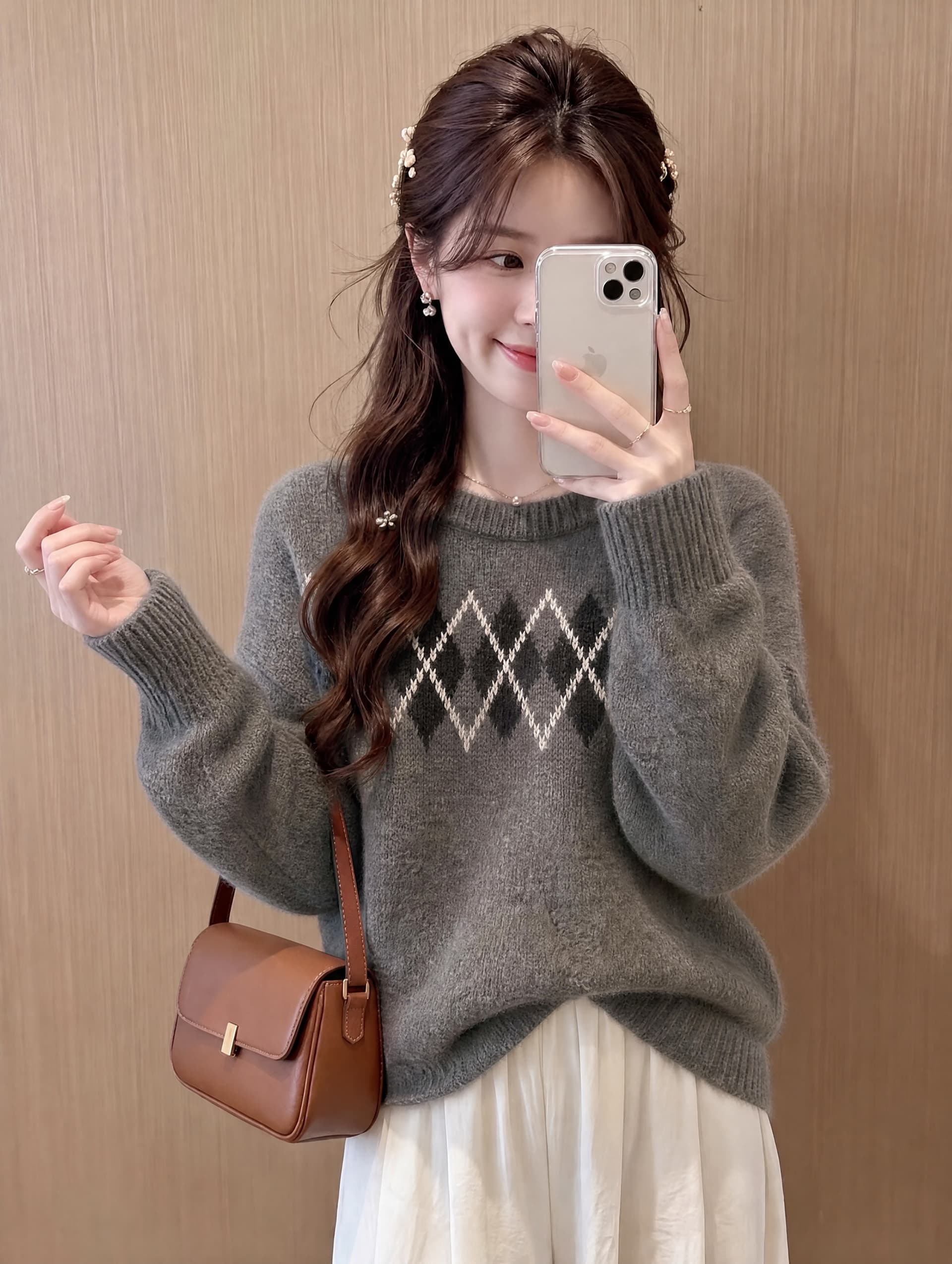새로운 링 그리드 라운드 넥 풀오버 스웨터 여자 가을 겨울 디자인 센스 느긋한 니트 만나는 맨위 가을 상세 이미지 5