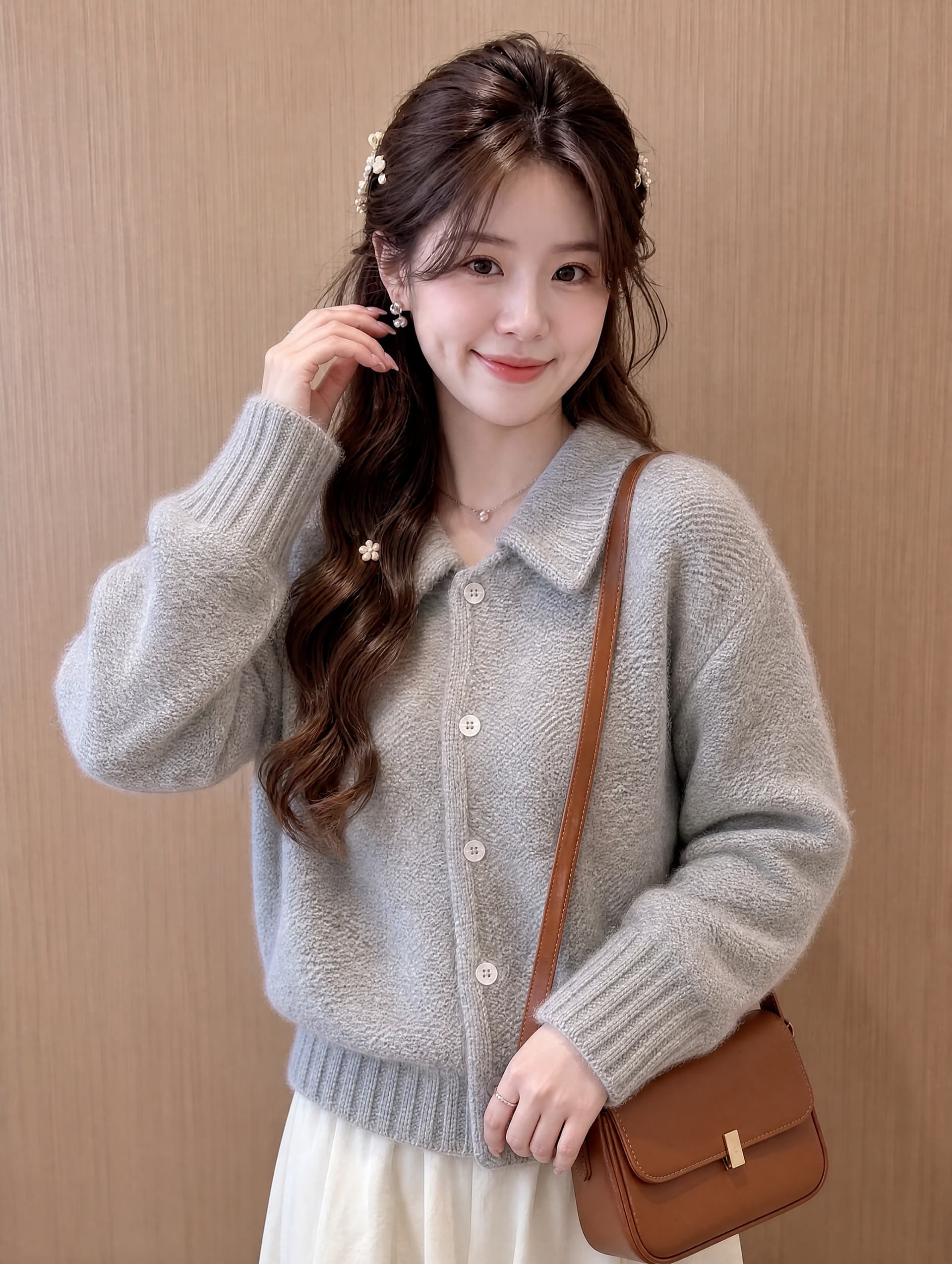 한 부서 쇼트 스타일 폴로 칼라 스웨터 여자 디자인 센스 2026 가을 겨울 새로운 루즈핏 니트 오픈 가디건 외출용 맨위 이미지 3