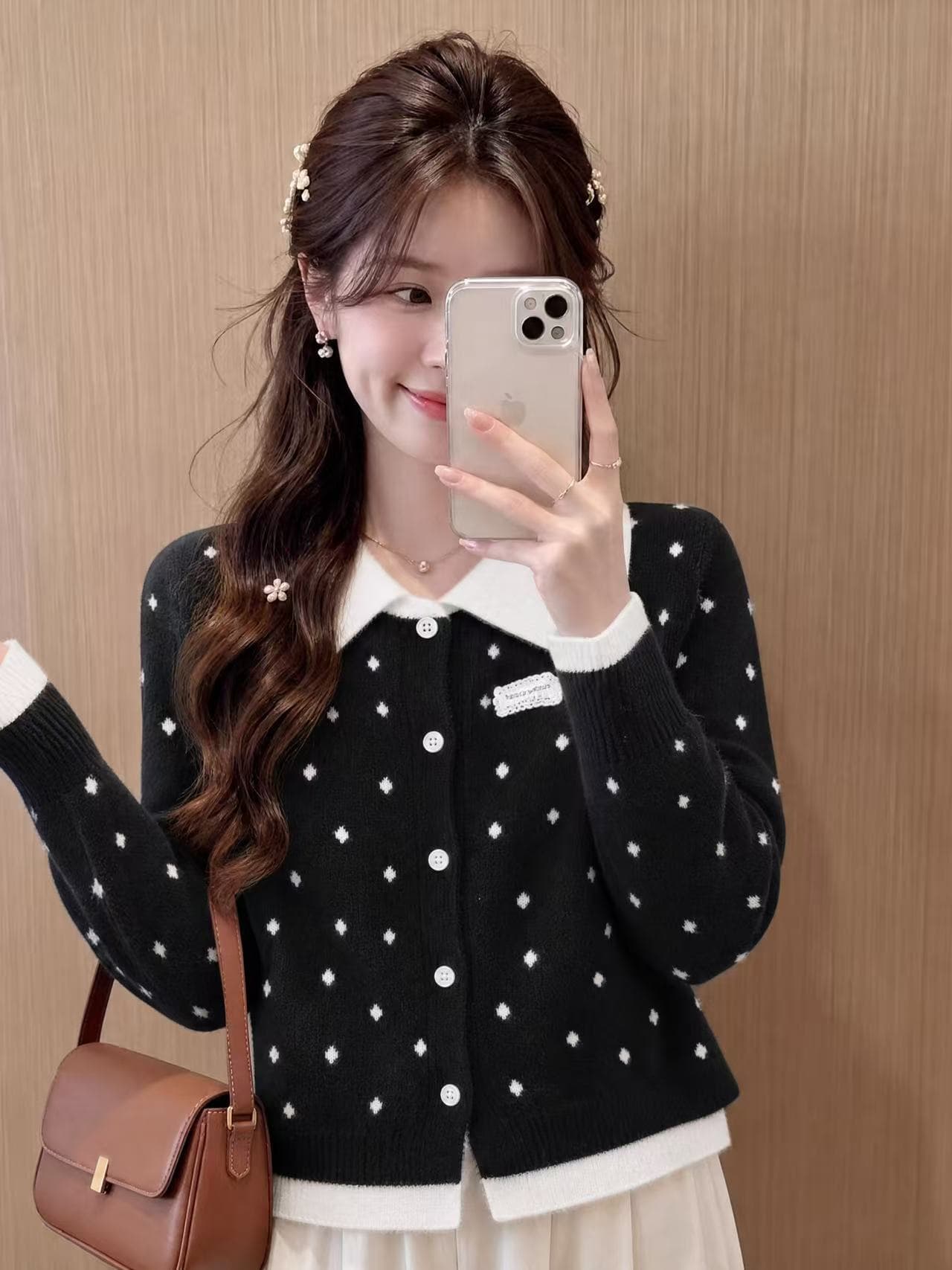 아메리칸 긍정적 인 어깨 POLO 칼라 페이크 레이어드 스웨터 오픈 가디건 여성 코트 가을 겨울 몸매 가꾸기 슬림해 보이는 니트 스웨터 맨위 상세 이미지 2