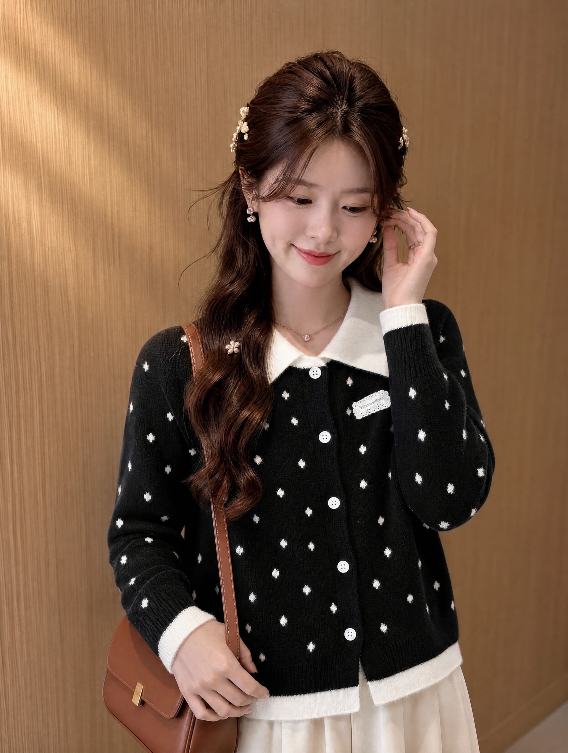 아메리칸 긍정적 인 어깨 POLO 칼라 페이크 레이어드 스웨터 오픈 가디건 여성 코트 가을 겨울 몸매 가꾸기 슬림해 보이는 니트 스웨터 맨위 상세 이미지 3