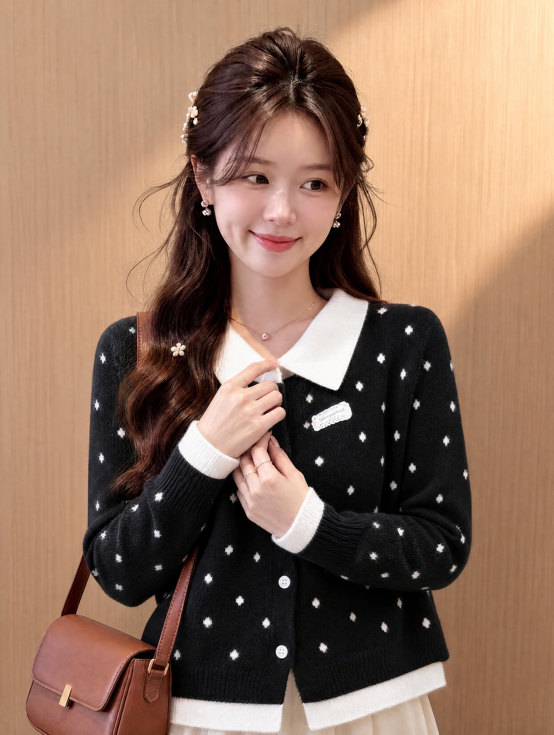 아메리칸 긍정적 인 어깨 POLO 칼라 페이크 레이어드 스웨터 오픈 가디건 여성 코트 가을 겨울 몸매 가꾸기 슬림해 보이는 니트 스웨터 맨위 상세 이미지 4