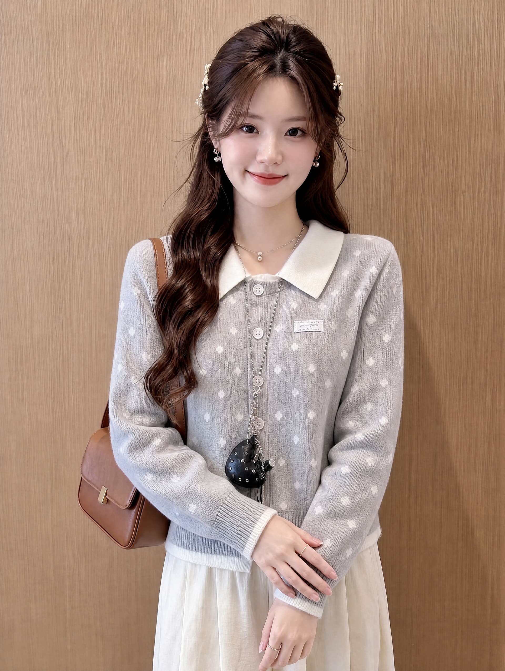 아메리칸 긍정적 인 어깨 POLO 칼라 페이크 레이어드 스웨터 오픈 가디건 여성 코트 가을 겨울 몸매 가꾸기 슬림해 보이는 니트 스웨터 맨위