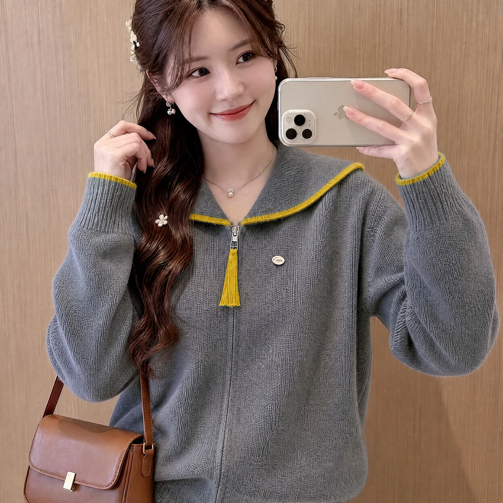 해군 베이비 칼라 가을 새로운 한 부서 패치워크 색상 루즈핏 슬림해 보이는 보온 부드러운 찹쌀 당겨서 달구다 오픈 가디건 스웨터 여자 재킷 이미지 5