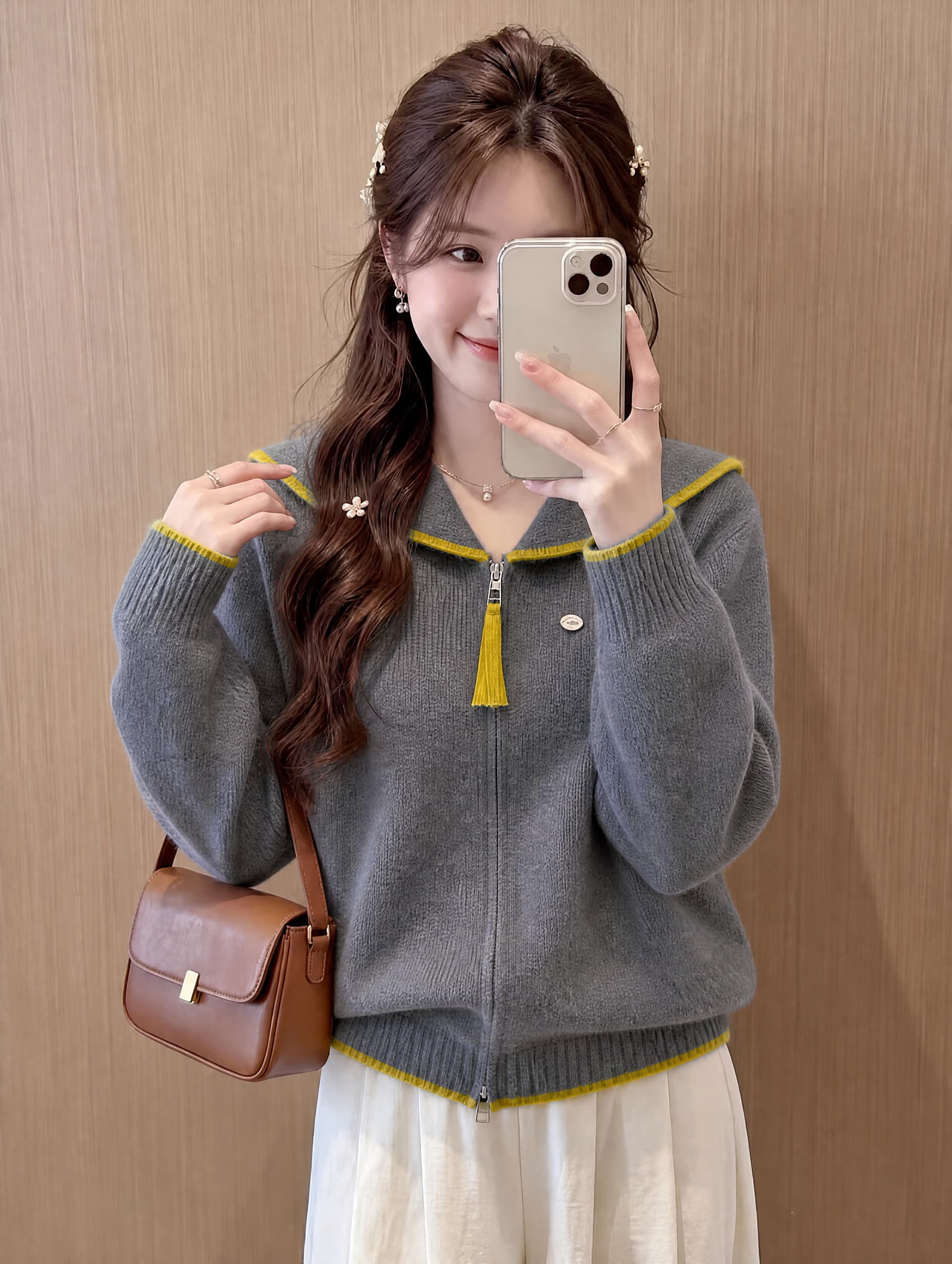 해군 베이비 칼라 가을 새로운 한 부서 패치워크 색상 루즈핏 슬림해 보이는 보온 부드러운 찹쌀 당겨서 달구다 오픈 가디건 스웨터 여자 재킷 상세 이미지 1