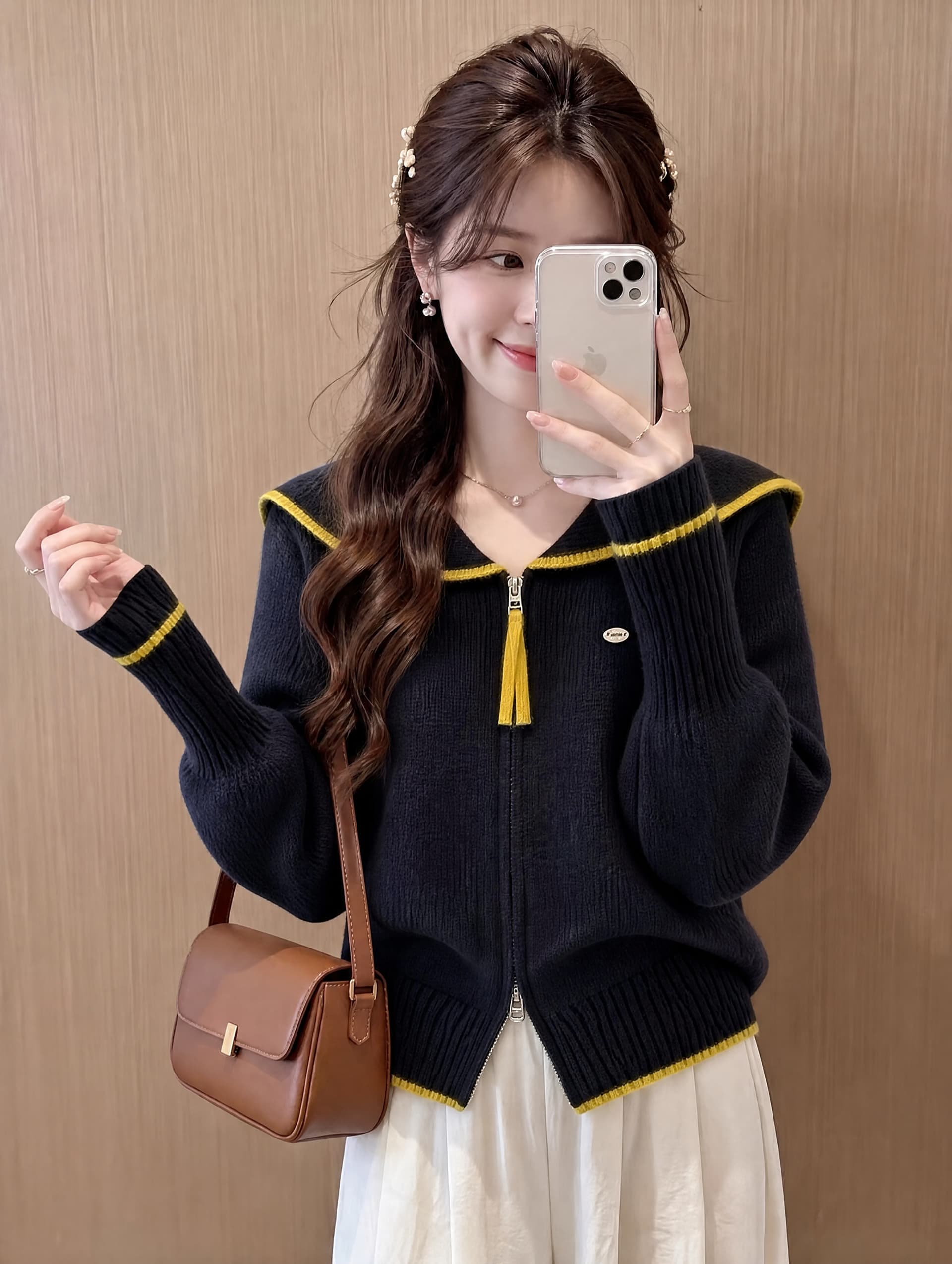 해군 베이비 칼라 가을 새로운 한 부서 패치워크 색상 루즈핏 슬림해 보이는 보온 부드러운 찹쌀 당겨서 달구다 오픈 가디건 스웨터 여자 재킷 상세 이미지 2
