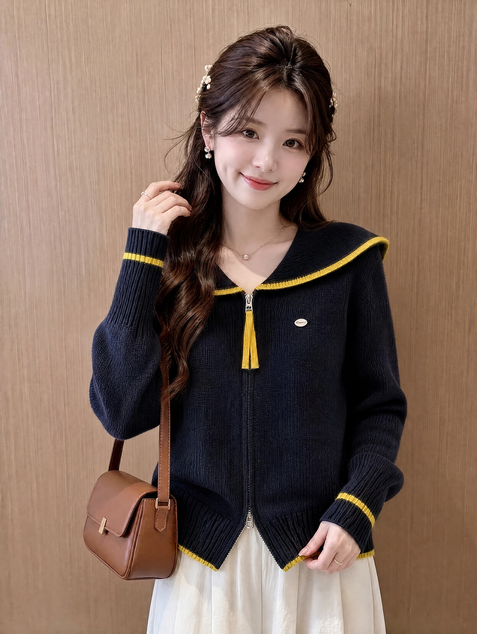 해군 베이비 칼라 가을 새로운 한 부서 패치워크 색상 루즈핏 슬림해 보이는 보온 부드러운 찹쌀 당겨서 달구다 오픈 가디건 스웨터 여자 재킷 상세 이미지 5