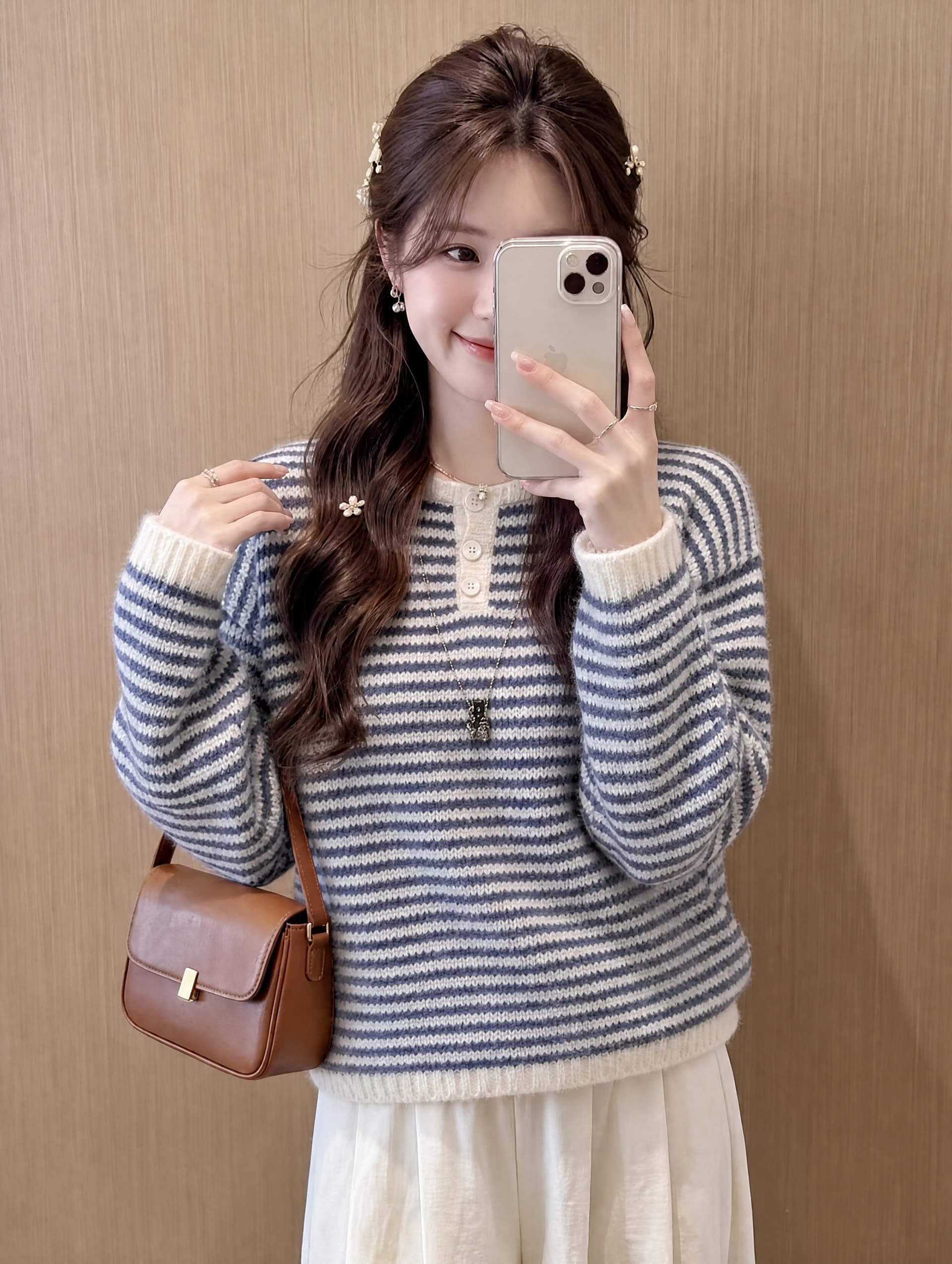 한 부서 루즈핏 느긋한 바람 반 개방 칼라 세 버클 스트라이프 풀오버 가을 겨울 새로운 캐주얼 다용도 맨위 여성 이미지 2
