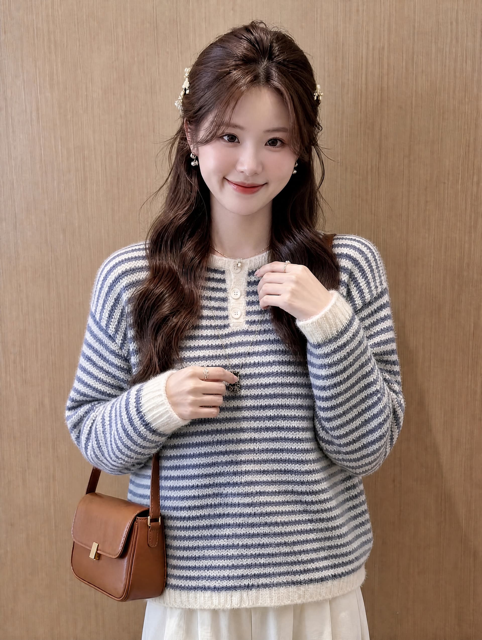 한 부서 루즈핏 느긋한 바람 반 개방 칼라 세 버클 스트라이프 풀오버 가을 겨울 새로운 캐주얼 다용도 맨위 여성 이미지 4