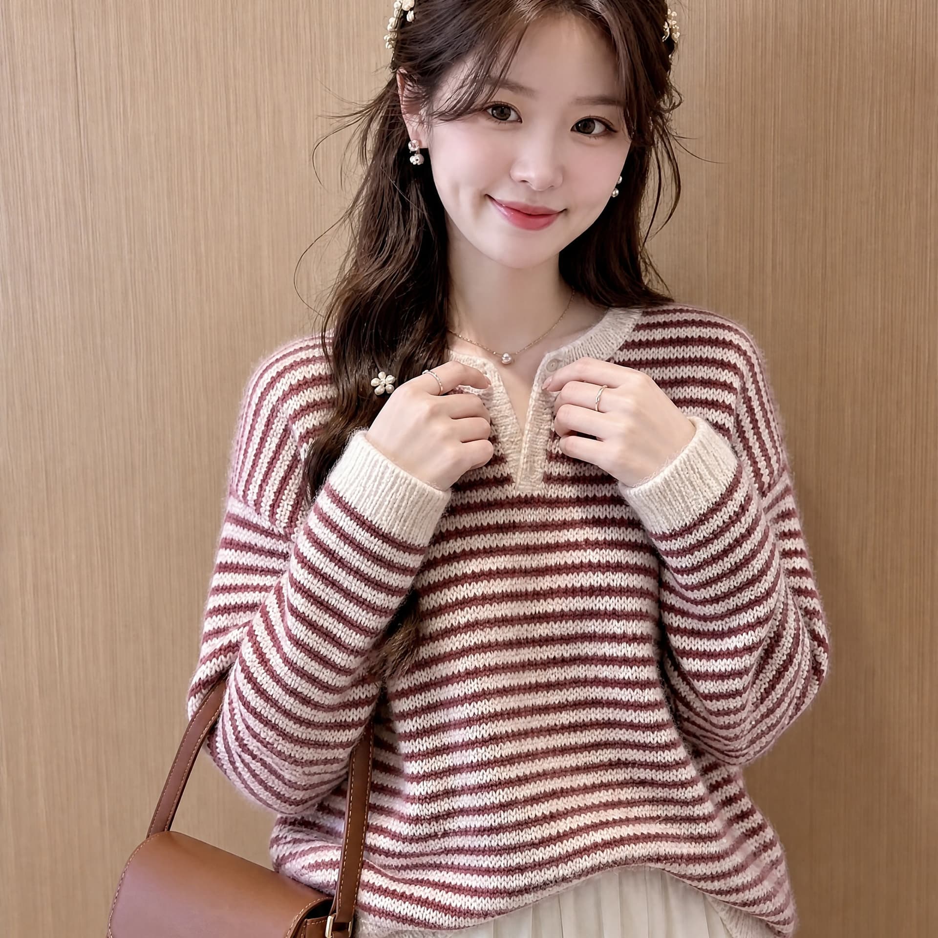 한 부서 루즈핏 느긋한 바람 반 개방 칼라 세 버클 스트라이프 풀오버 가을 겨울 새로운 캐주얼 다용도 맨위 여성 이미지 5