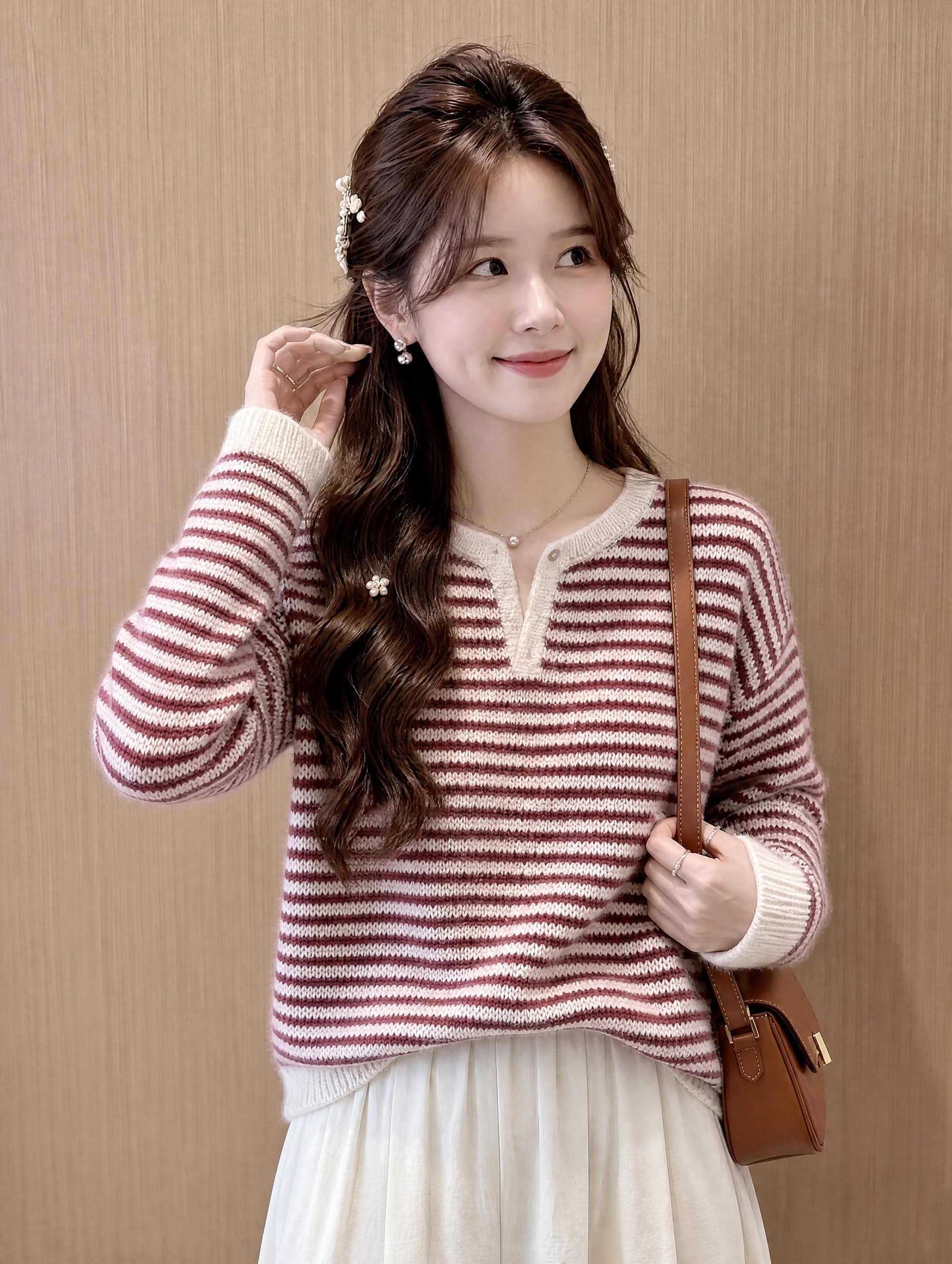 한 부서 루즈핏 느긋한 바람 반 개방 칼라 세 버클 스트라이프 풀오버 가을 겨울 새로운 캐주얼 다용도 맨위 여성 상세 이미지 1