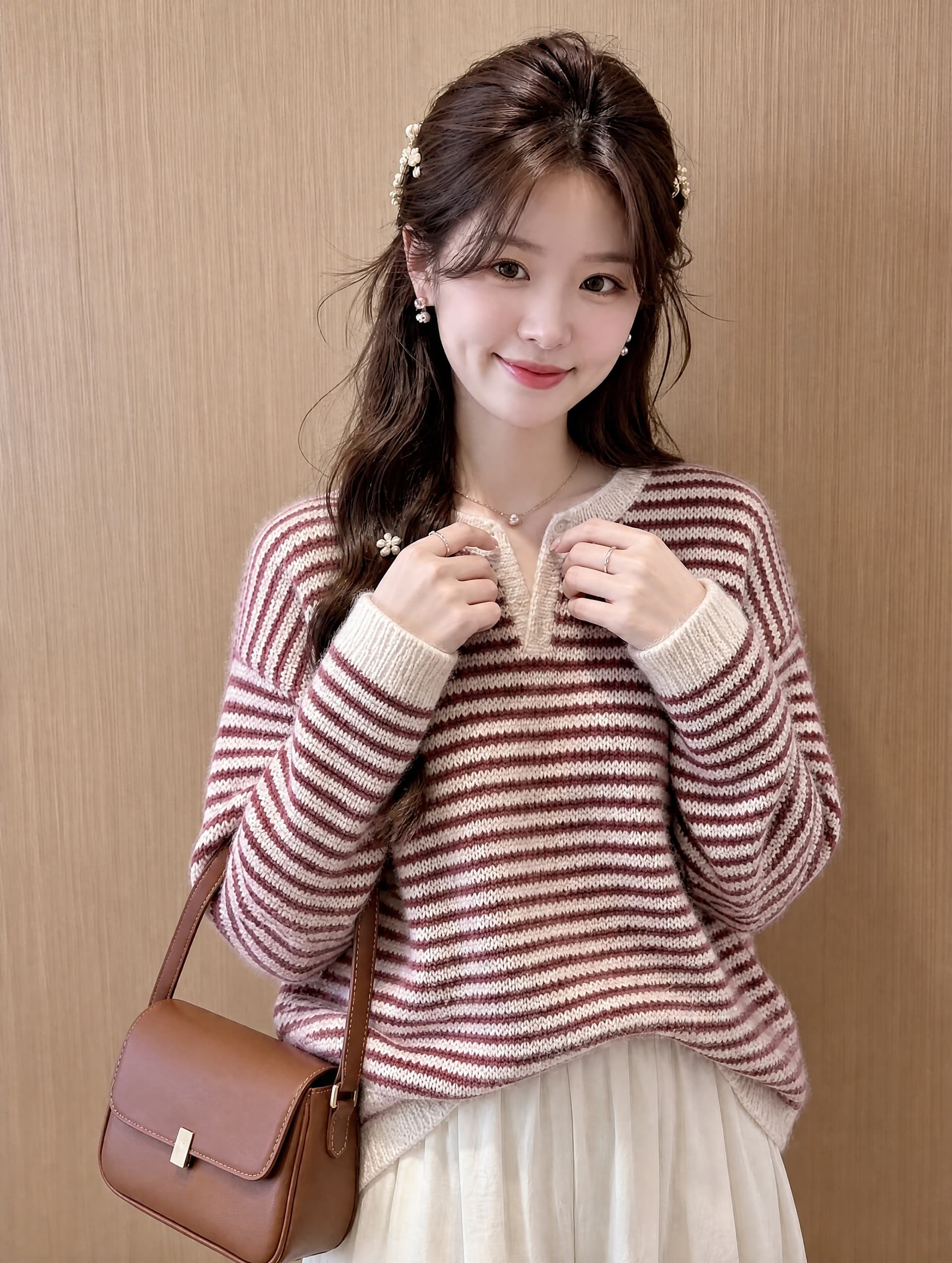 한 부서 루즈핏 느긋한 바람 반 개방 칼라 세 버클 스트라이프 풀오버 가을 겨울 새로운 캐주얼 다용도 맨위 여성 상세 이미지 2